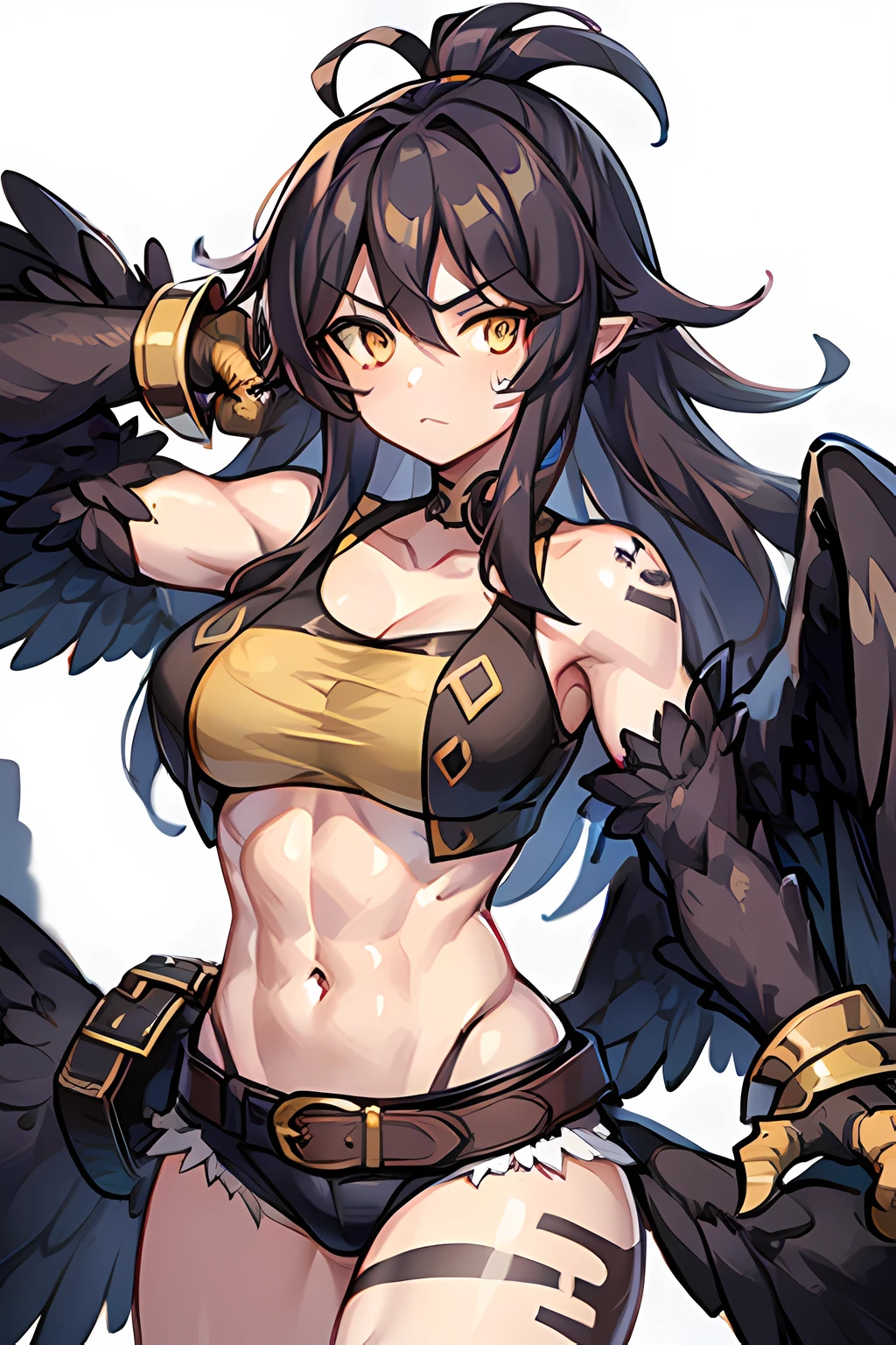 a portrait of a (barbarian) harpy muscular_female, pale_skin, black_wings, bird_wings, 1girl solo female_focus cowboy_shot, simple_background white_background