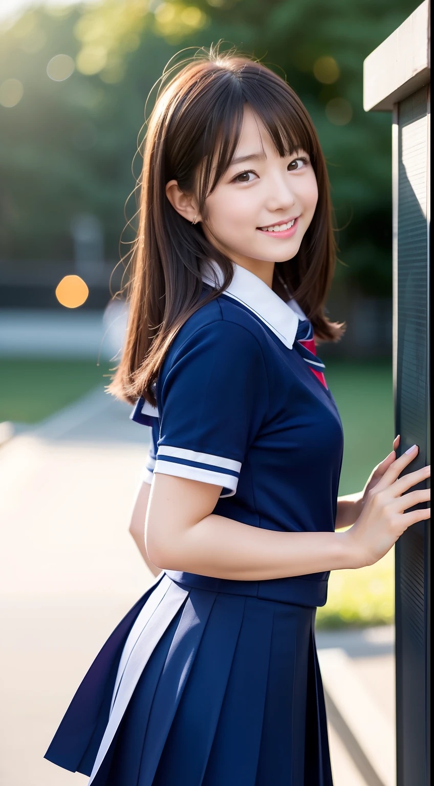 Enhanced dynamic perspective,Cute cute beautiful girl,JK school uniform,Look at me and smile,simple backgound,Works of masters,high quarity,4K resolution,super-fine,Detailed pubic hair,acurate,Cinematic lighting,