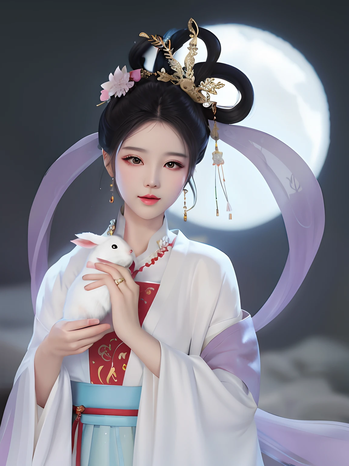 Aalfid Asian woman in traditional dress，A white rabbit in his hand, Palace ， A girl in Hanfu, White Hanfu, Wearing ancient Chinese clothes, with acient chinese clothes, Hanfu, Traditional Chinese clothing, Chinese style, Princesa chinesa antiga, Chinese costume, a beautiful fantasy empress, Guviz, China Princess, Traditional beauty, Inspired by Lan Ying