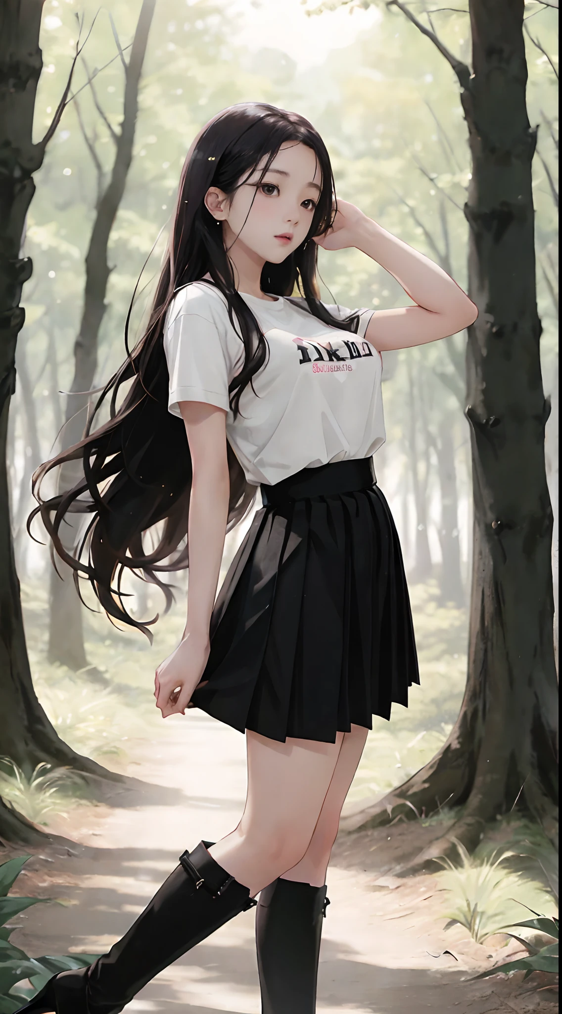 ((Jisoo from Blackpink)), t-shirt, tiny pleated skirt, black stockings up to the waist, high heels, full body shot from below, holding_the_edge_of_the_skirt_with_the_hands, breasts exposed, very light skin, very long hair, wavy hair, camp, forest, photorealistic, indirect lighting, volumetric light, ray tracing, hyperdetailed, best quality, high resolution, HDR, 8k