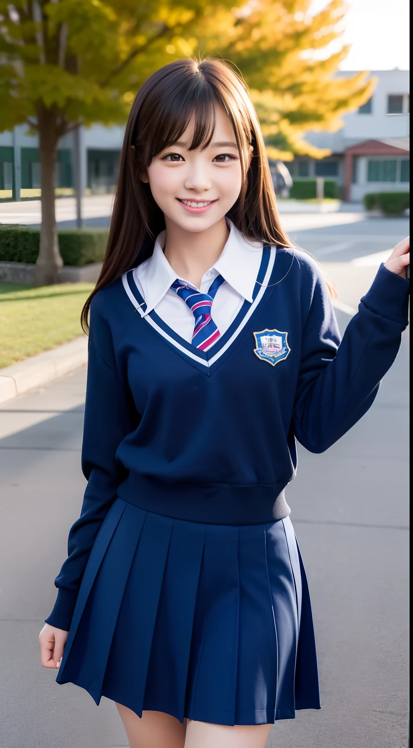 Enhanced dynamic perspective,Cute cute beautiful girl,JK school uniform,Look at me and smile,simple backgound,Works of masters,high quarity,4K resolution,super-fine,Detailed pubic hair,acurate,Cinematic lighting,