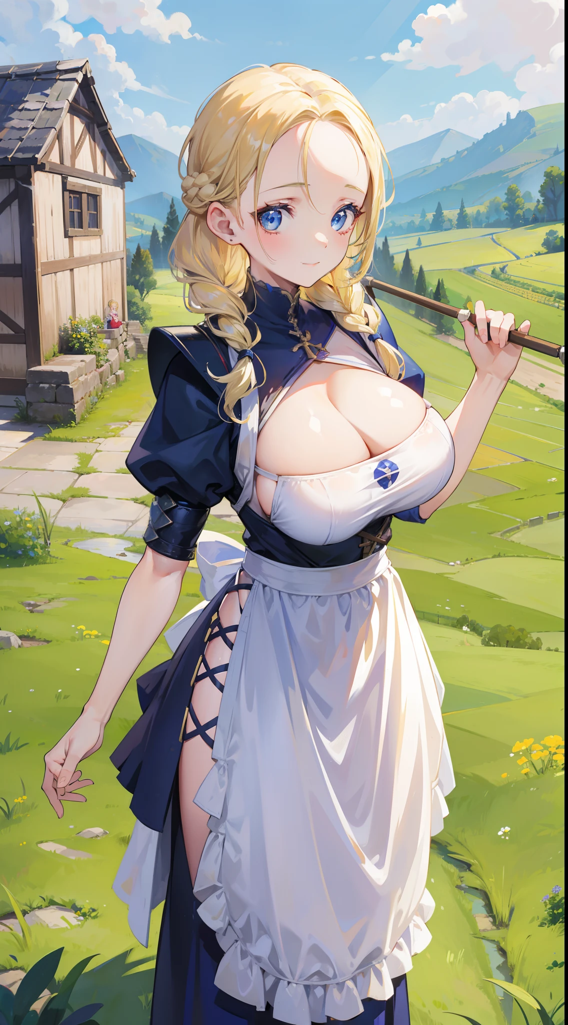 a beauty girl，Village girl，blonde with blue eyes，Twist braids，wearing apron，Countryside，zona rural，idyllic scenery，European Middle Ages，Toothy smile，Forehead，Forehead exposed，huge tit，cleavage，Exoskeleton armor