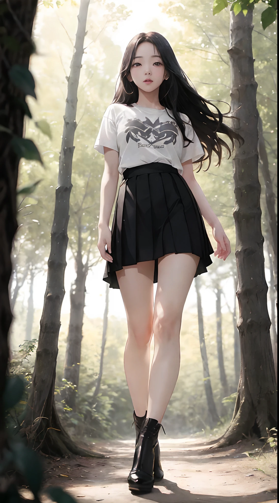 ((Jisoo from Blackpink)), t-shirt, tiny pleated skirt, black stockings up to the waist, high heels, full body shot from below, holding_the_edge_of_the_skirt_with_the_hands, breasts exposed, very light skin, very long hair, wavy hair, camp, forest, photorealistic, indirect lighting, volumetric light, ray tracing, hyperdetailed, best quality, high resolution, HDR, 8k