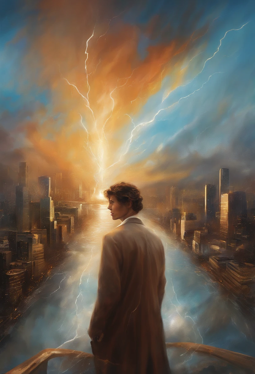 abstract face in a city landscape, a photorealistic painting by Mark English , [:anime line art:0.2], celestial and Heat and Thunder and Water themed, epic splash art , auto-destructive art, , abstract