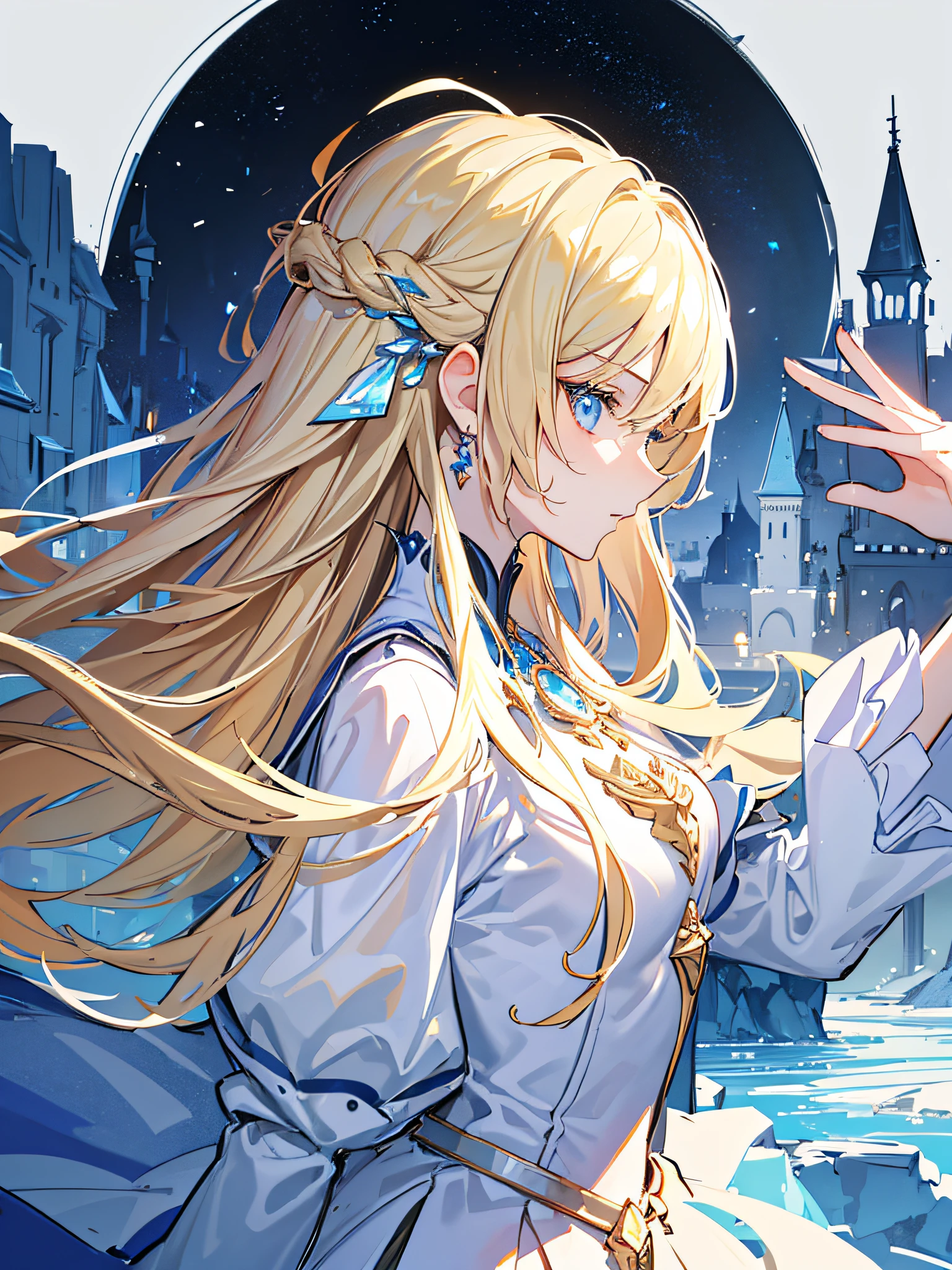 Masterpiece, best quality, 4k, 8k, absurdres (best illustration), ice castle background, 1girl, blonde long hair, petite figure, bored expression, half-body portrait, looking at viewer, ((sketch)), profile close-up