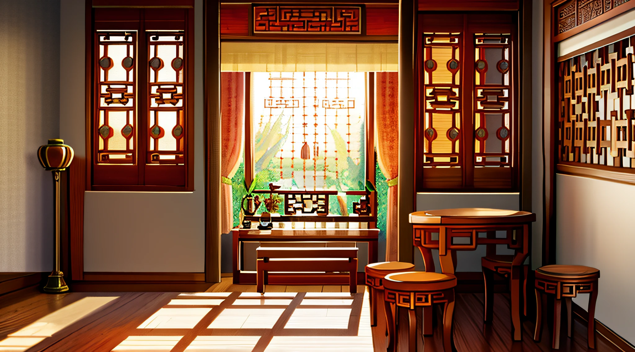 Bright picture,Ancient Chinese architecture,court,inside in room,Bedrooms,Wooden stained windows,Curtains,Wooden table,Wooden chairs,