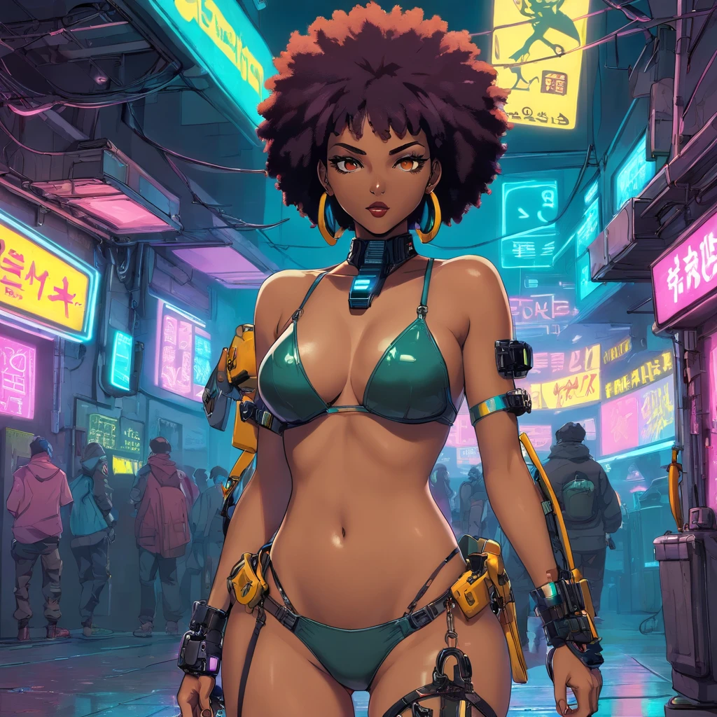 Black woman in sexy bikini, cabelo crespo, (((cabelo afro))), ((garagem underground)), ((mulheres negras sexy)) Use of motocross masks, distortionless, sharped image, dedos lindos, dedos perfeitos, corpo escultural ((MULHER SEXY)), silver bikini, rosto perfeito, Motocross mask in the mouth and eyes, ((viseira neon nos olhos)), ((BOTAS LONGAS PRATEADAS)) ((Estilo cyberpunk)), mulher agachada fazendo pose sexy, CORPO INTEIRO