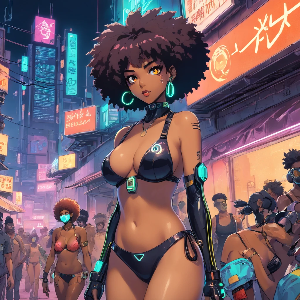 Black woman in sexy bikini, cabelo crespo, (((cabelo afro))), ((garagem underground)), ((mulheres negras sexy)) Use of motocross masks, distortionless, sharped image, dedos lindos, dedos perfeitos, corpo escultural ((MULHER SEXY)), silver bikini, rosto perfeito, Motocross mask in the mouth and eyes, ((viseira neon nos olhos)), ((BOTAS LONGAS PRATEADAS)) ((Estilo cyberpunk)), mulher agachada fazendo pose sexy, CORPO INTEIRO