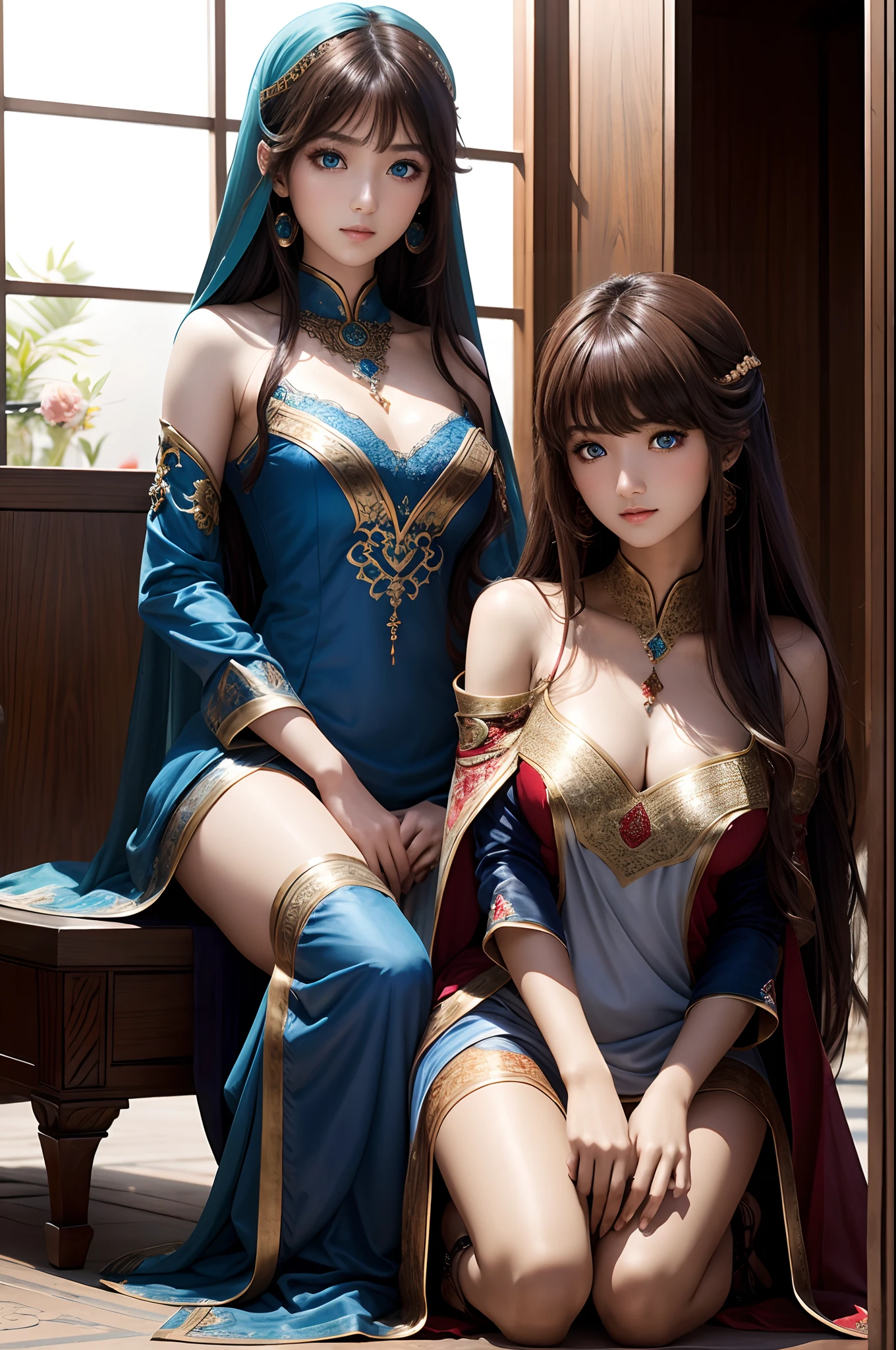 2girls kneeling,duo,top-quality、Extremely Delicately Beautiful、(Strange blue and red eyes)、arabian clothes 、silber hair、femele、((Brown skin))