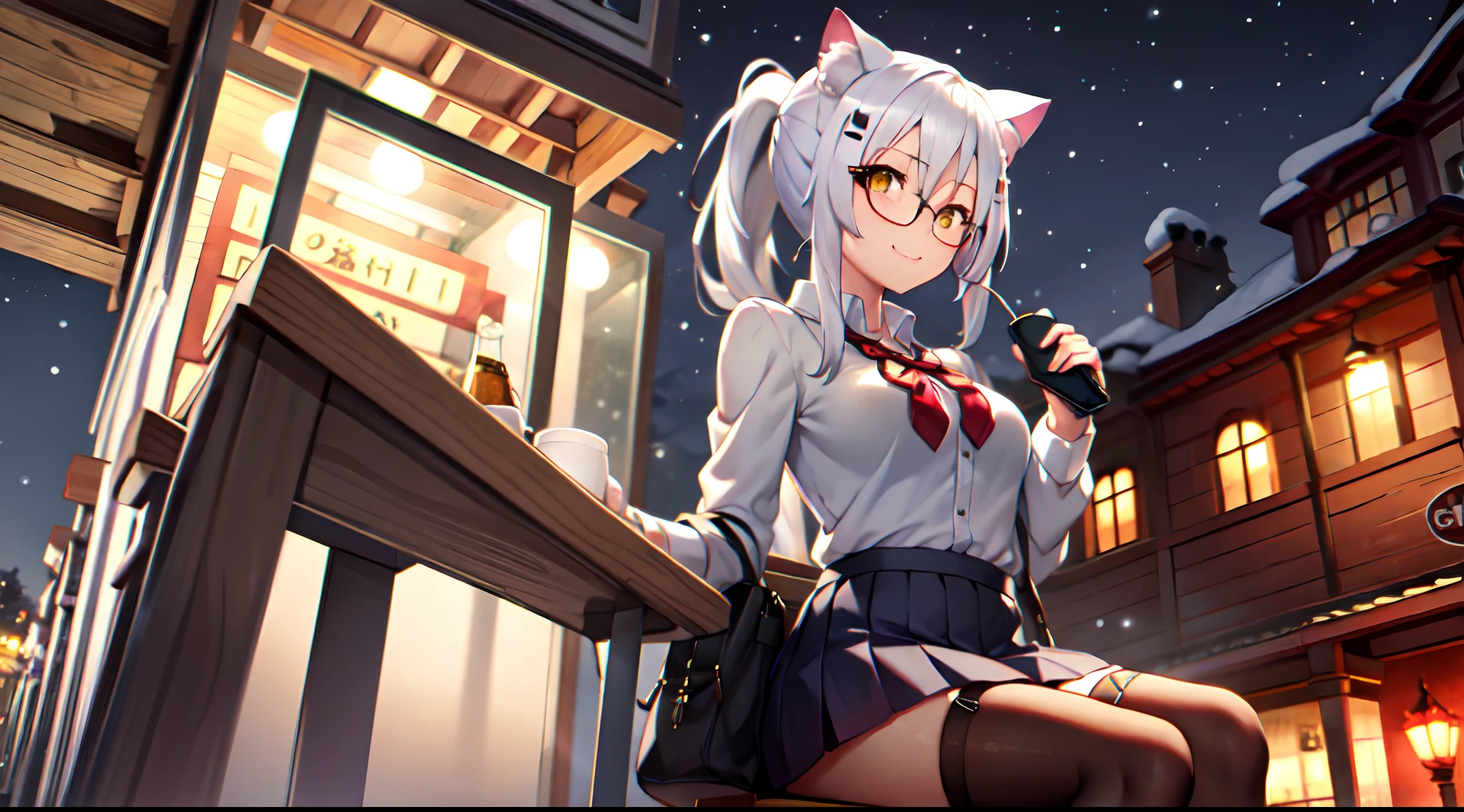 girls, white hair, yellow eye, cat ear, glasses, short skirt, school outfit, medium breast, stocking, ponytail hair style, night theme, park theme, sit on the chair, winter, medium thigh, kuudere