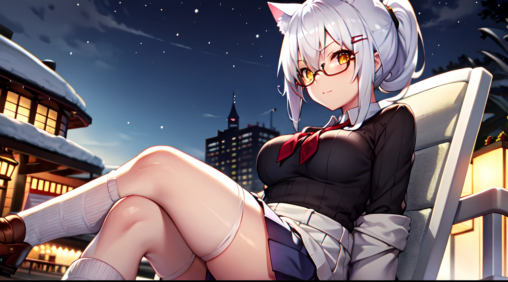girls, white hair, yellow eye, cat ear, glasses, short skirt, school outfit, medium breast, stocking, ponytail hair style, night theme, park theme, sit on the chair, winter, medium thigh, kuudere