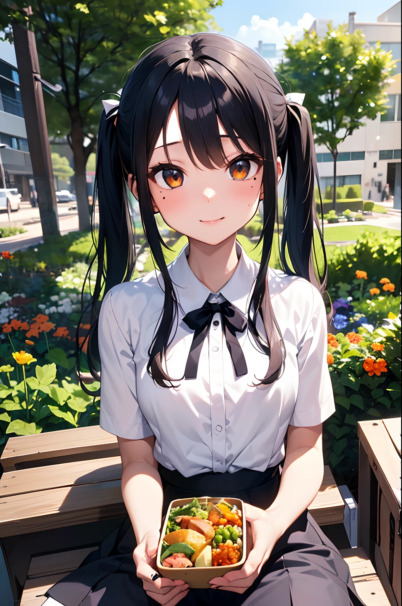 Girl with a nasty appearance:1.3)、(Outdoor garden:1.5)、(and chest:1.4)、Raw photography, top-quality, hight resolution, (masterpiece), (Photorealsitic:1.4), (Mole under the eyes),Anime Cosplay, foco nítido, nffsw, 8K分辨率, intricate detailes, depth of fields, the Extremely Detailed CG Unity 8K Wallpapers, front lit, femele,25-years old、 Cheerful face、(pigtails hair:1.5)、(sitting on:1.5)、see -through、(Medium short blue-orange hair)、Orange-eyed,(Lunch box on your lap:1.5)、(Office casual attire:1.3)、Autumn sky full of light、Holding chopsticks in your hand、lunch