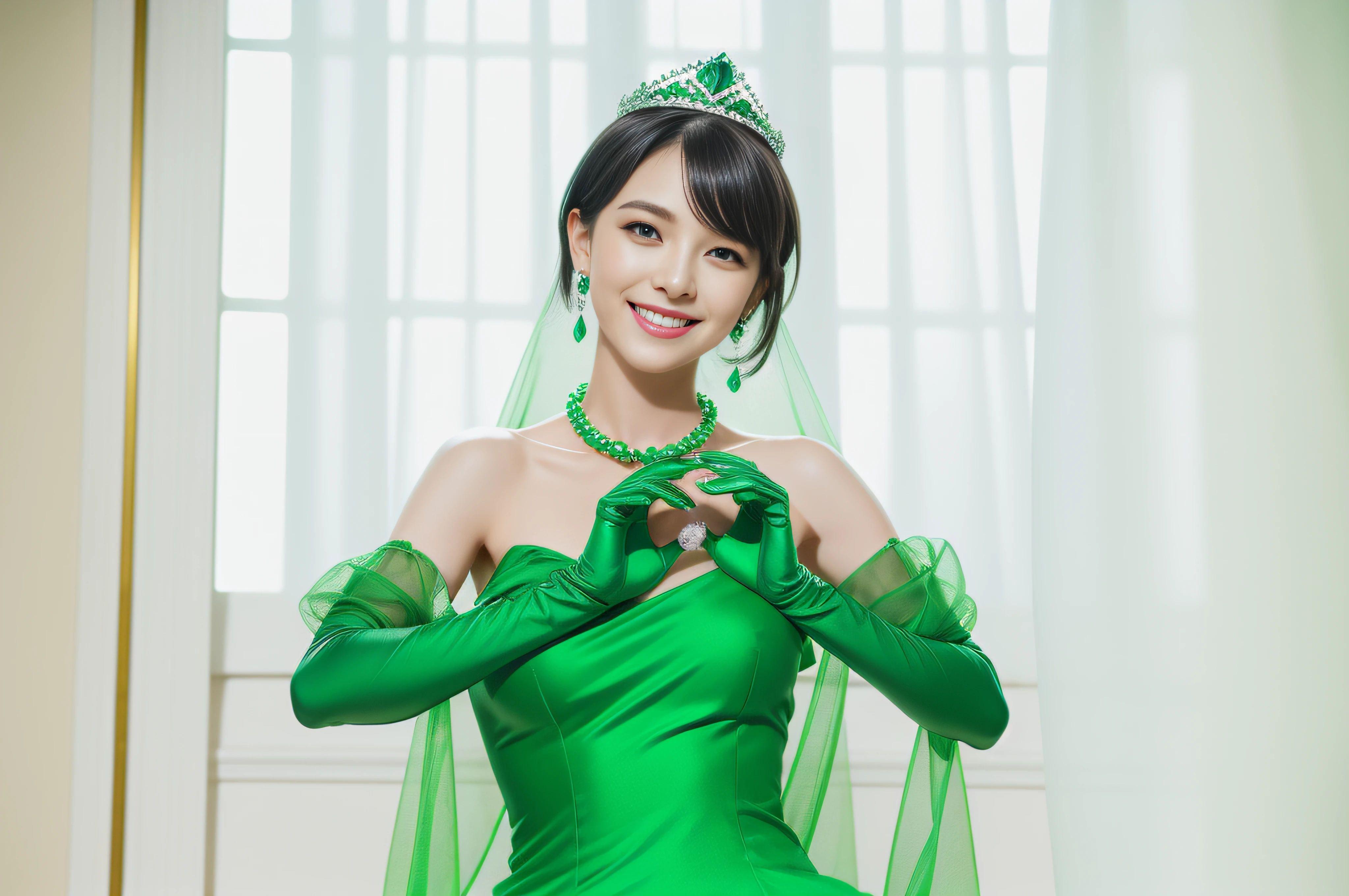 emerald tiara, Green Pearl Necklace, Boyish very short black hair, lipsticks, Japan woman smiling, very short short hair, big breasts beautiful, Green eyes, Long green gloves made of satin material, Green eyes, Emerald Earrings, Green dress