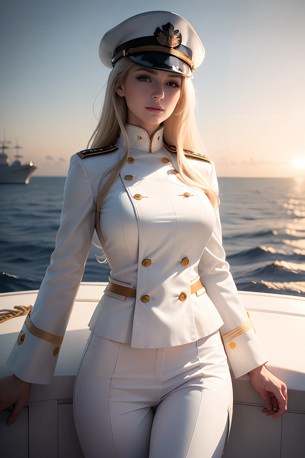 (8K,Photorealsitic　RAW photography　top-quality;1.4) 　(1 mature female)　Super beauty　(lifelike face)　Blonde woman in white uniform poses on warship,　Woman in white military uniform　White military pants　Naval officer　Beautiful expression　real looking skin　超A high resolution　Precision details　Warship deck　Sunset