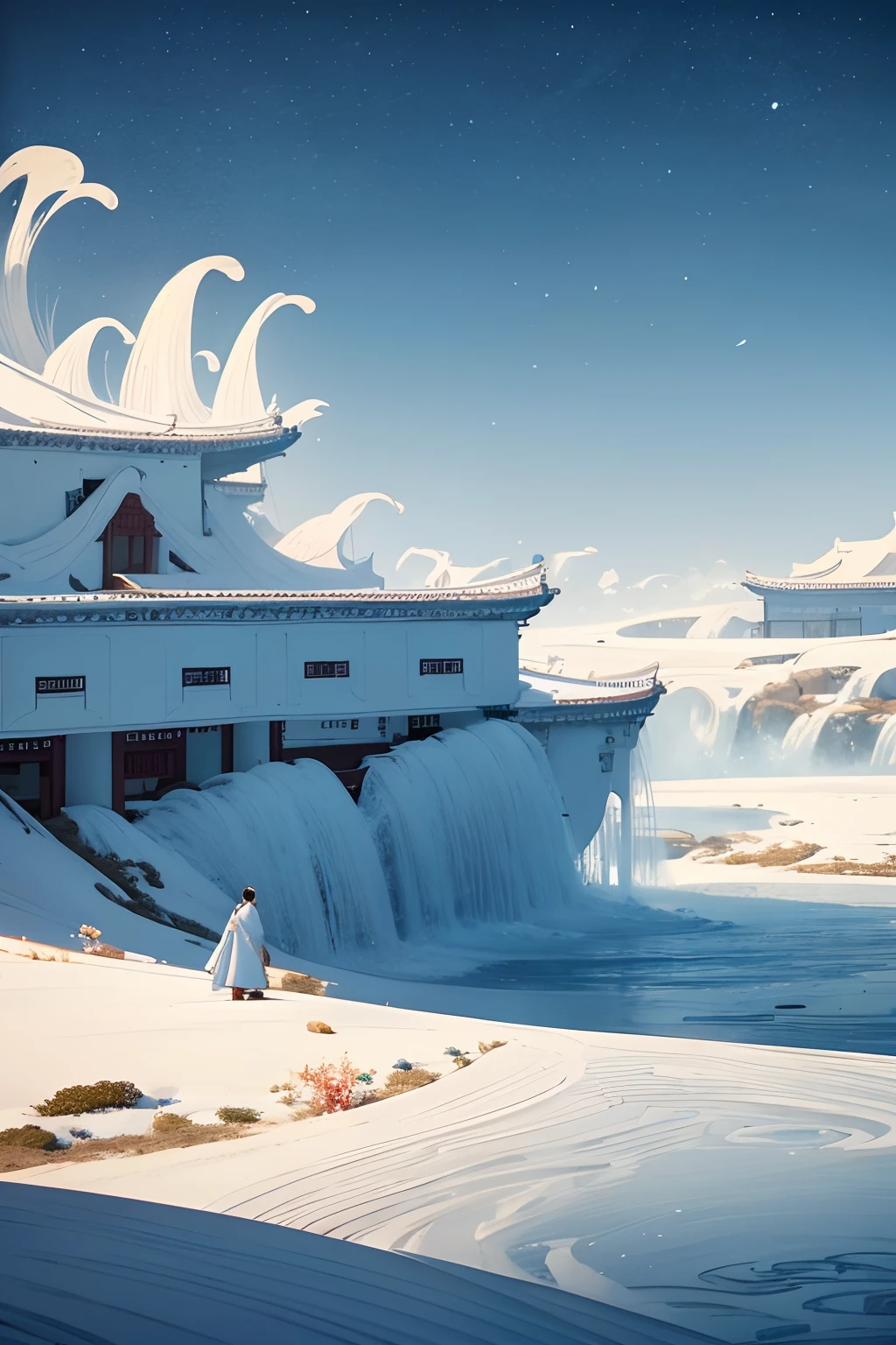 Aphu:
[pic]

Aphu:
man in hanfu is standing near a white
manmade structure perspective, oriental
zen, in the style of fluid landscapes, Song
Dynasty fine brushwork landscape painting
rendered in cinema4d, organic flowing forms
northern china's terrain, light blue and white,
mediterranean landscapes, Ultra-wide angle
wavy resin sheets --ar 58:77