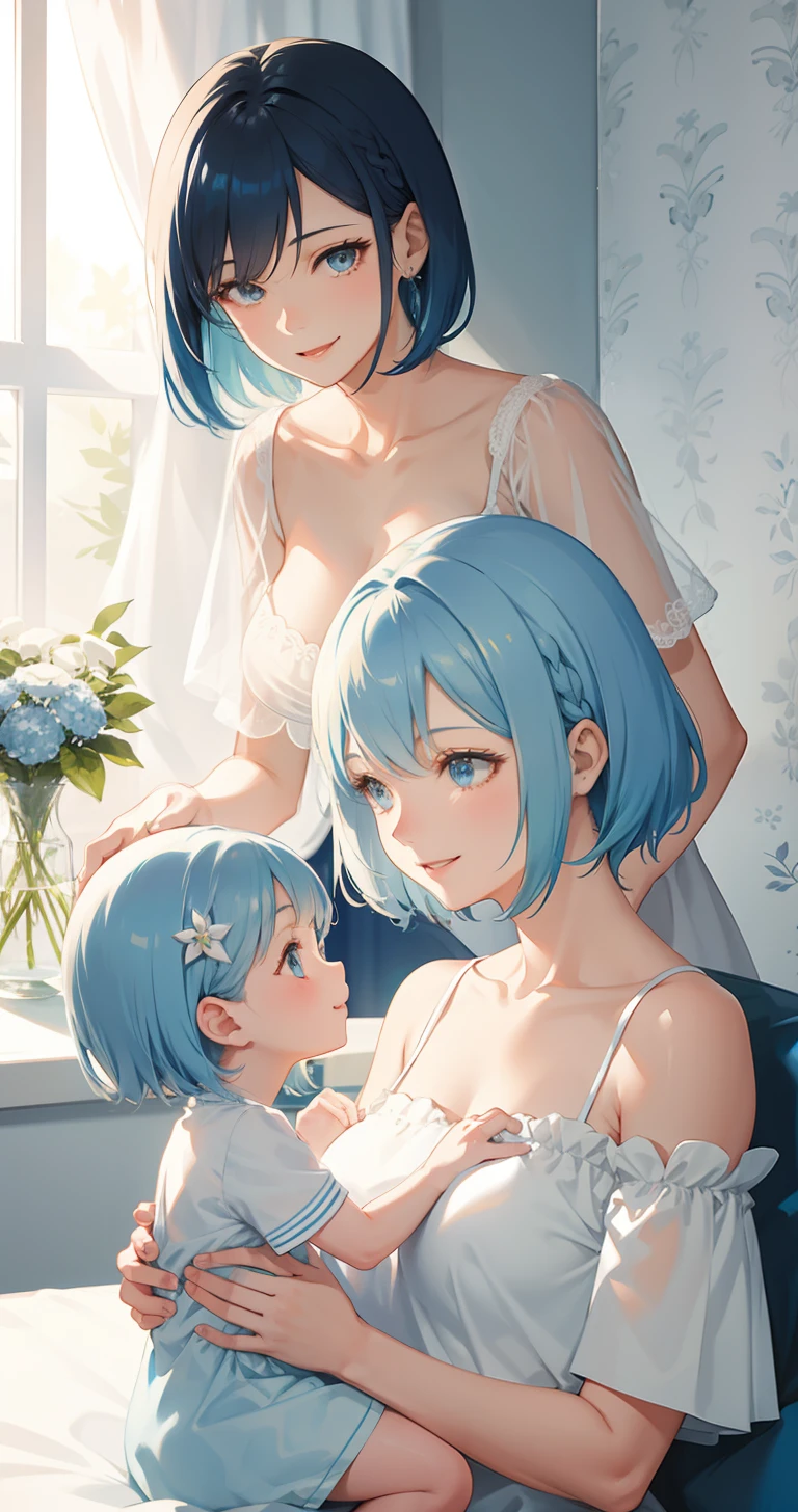 A mother and her daughter, mother has short hair,  light blue hair, smiling. Daughter is , has long blue hair, glowing, sidelighting, wallpaper,