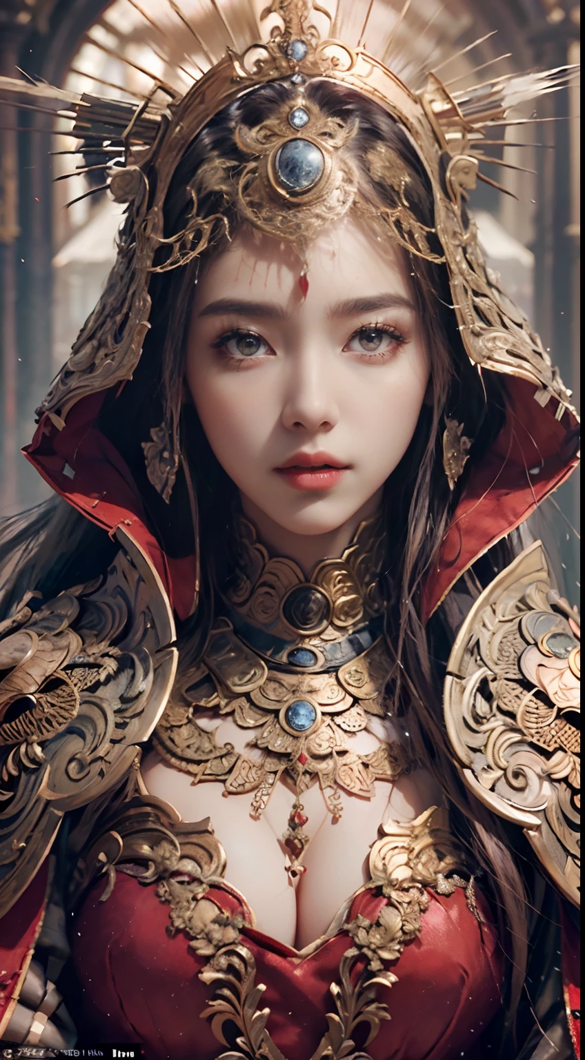 ((Masterpiece))), ((Best Quality))), ((Ultra Detailed)), (Surreal), (Highly Detailed CG Illustration), Cinematic Light, Realistic, Very Beautiful Young Lady,Sexy, Light Makeup,, Intricate Details EABA, Red Cloak, Spear