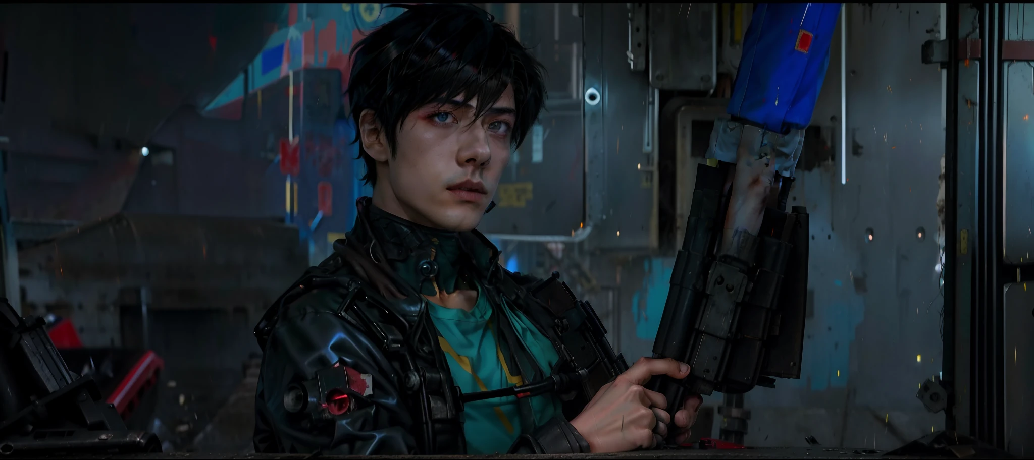 Chico anime,  Akira anime cyberpunk, Al estilo de Akira, Anime cyberpunk moderno, Un adolescente protagonista , modern sci-fi anime, Yuu shirota, chico de asiatico ojos azules sosteniendo una espada azul moderna, boy with dark brown hair, cinematic scene, escena realista, escena cyberpunk