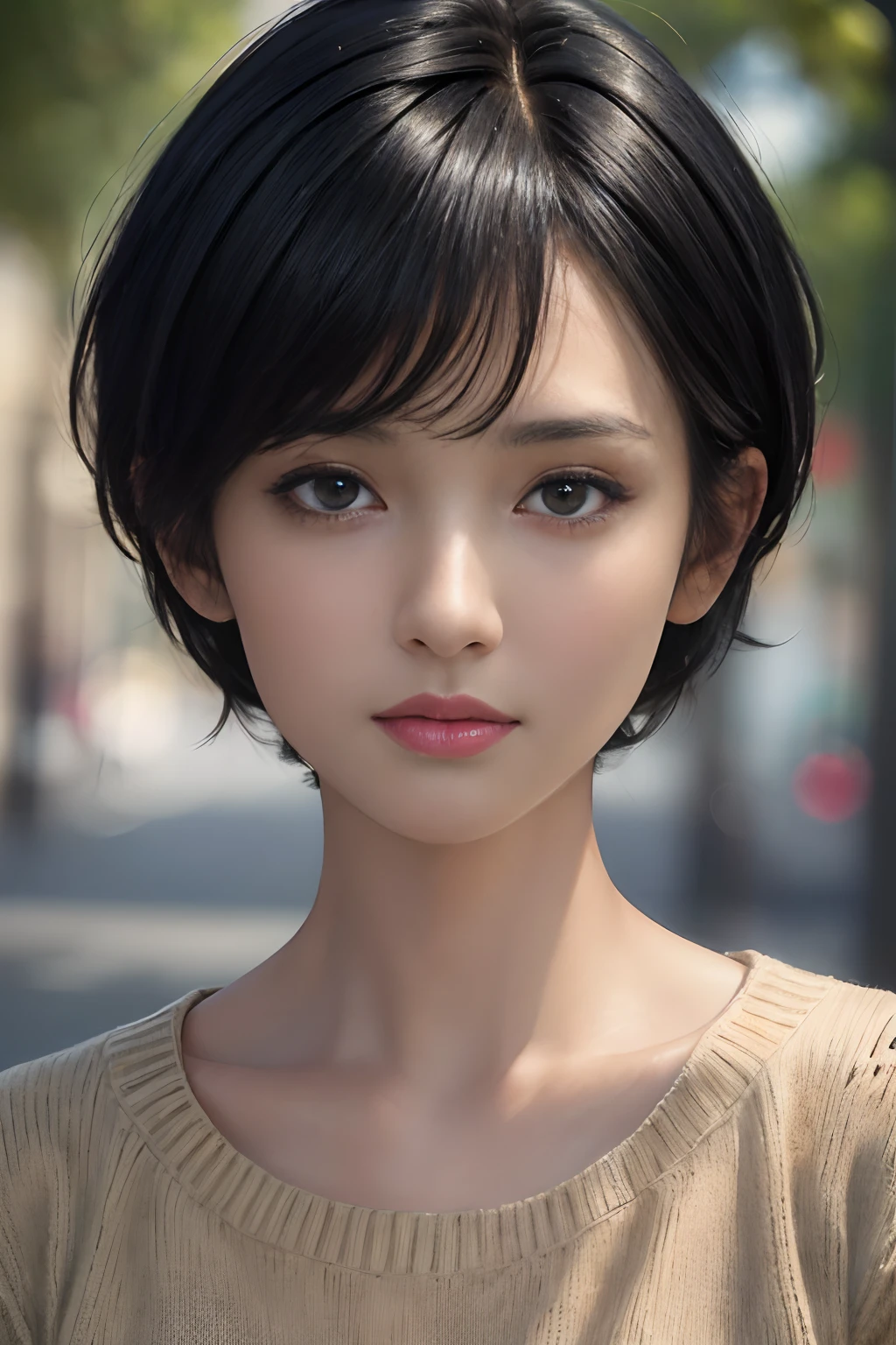 (masterpiece:1.3), (8k, photorealistic, RAW photo, best quality: 1.4), (1girl), beautiful face, (realistic face), (black hair, short hair:1.3), beautiful hairstyle, realistic eyes, beautiful detailed eyes, (realistic skin), beautiful skin, (sweater), absurdres, attractive, ultra high res, ultra realistic, highly detailed, golden ratio