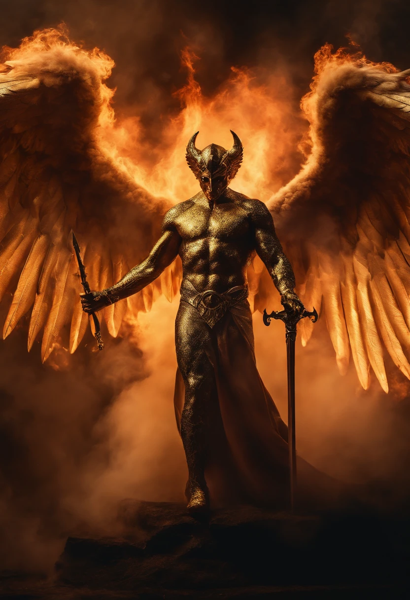 Ultra-realistic devil: A golden angel with wings spread with a fiery sword in his hand in a gloomy, dark smoke setting