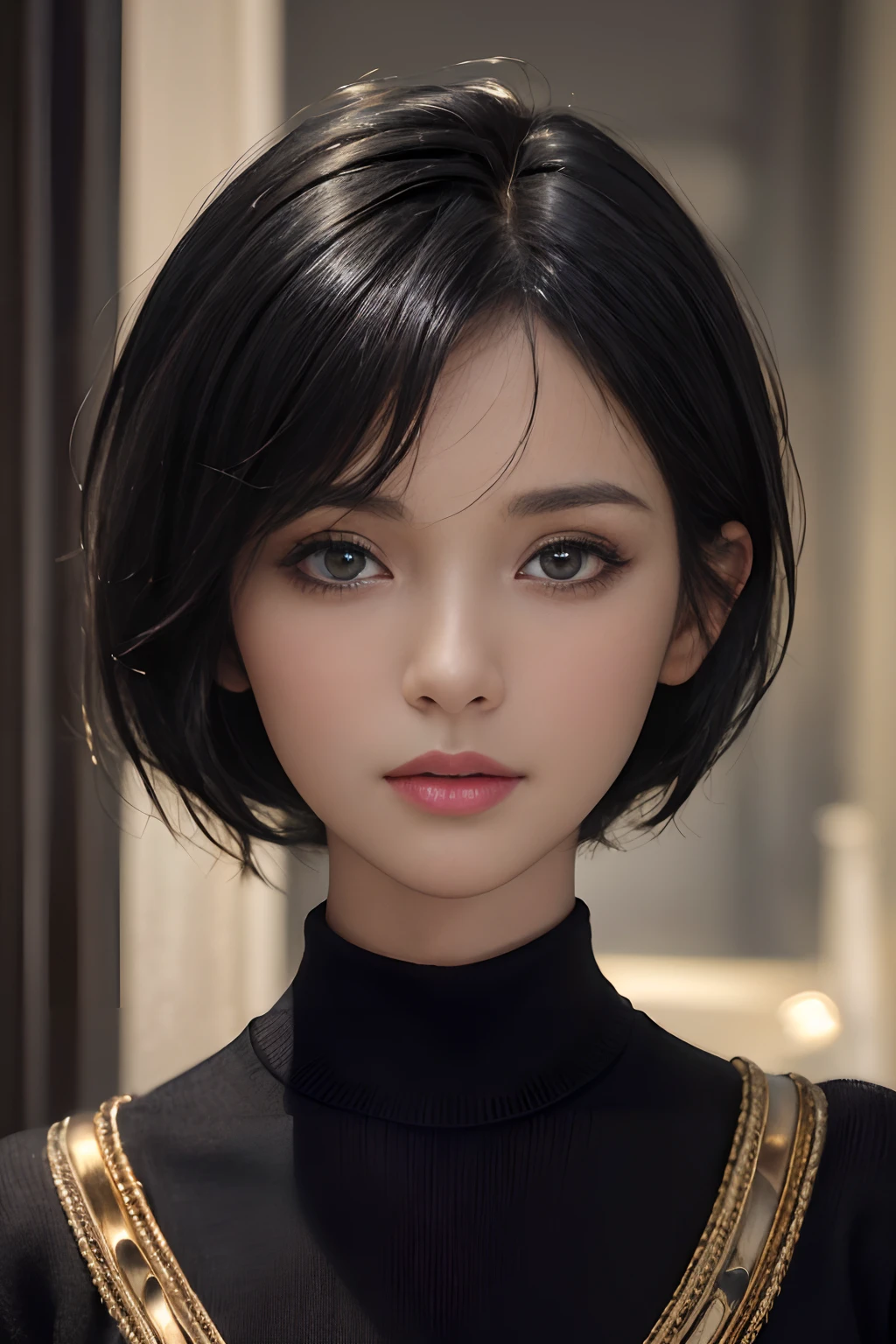 (masterpiece:1.3), (8k, photorealistic, RAW photo, best quality: 1.4), (1girl), beautiful face, (realistic face), (black hair, short hair:1.3), beautiful hairstyle, realistic eyes, beautiful detailed eyes, (realistic skin), beautiful skin, (sweater), absurdres, attractive, ultra high res, ultra realistic, highly detailed, golden ratio
