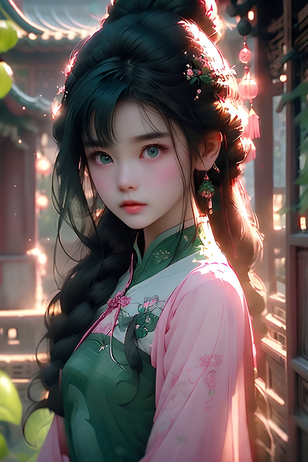 High definition, chinese animated style, ite body anime girl in a long flowing dark green dress, long black hair tied in bun with green jade hairpin, innocent expression, bright big blue eyes, holding a round crystal, natural beauty, vibrant colors, dreamy, northern light, pink bubble, romantic, soft lighting, vintage aesthetic