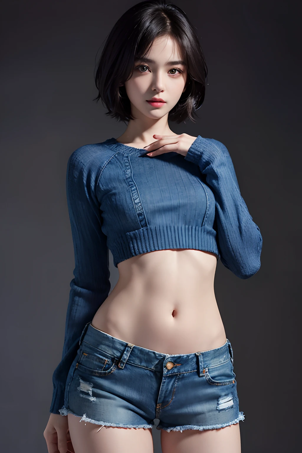 (masuter piece:1.3)、(8K、Photorealsitic、Raw photography、top-quality: 1.4)、(1girl in)、beautiful countenance、(Lifelike face)、(A dark-haired、short-hair:1.3)、Beautiful hairstyle、realisticeyes、Beautiful details、(real looking skin)、Beautiful skins、absurderes、enticing、超A high resolution、A hyper-realistic、high-detail、the golden ratio、((wide open abdomen))、((open abdomen))、((wide open navel))、((open navel))、((Mid-Riff Sweater))、((Ultra-low rise、Denim shorts))、((Navel Ejection))、((small hips))、((long limbs))、((Full body depiction))、((small hip))、(Ultra-low rise))、((Denim shorts))、((is standing))、