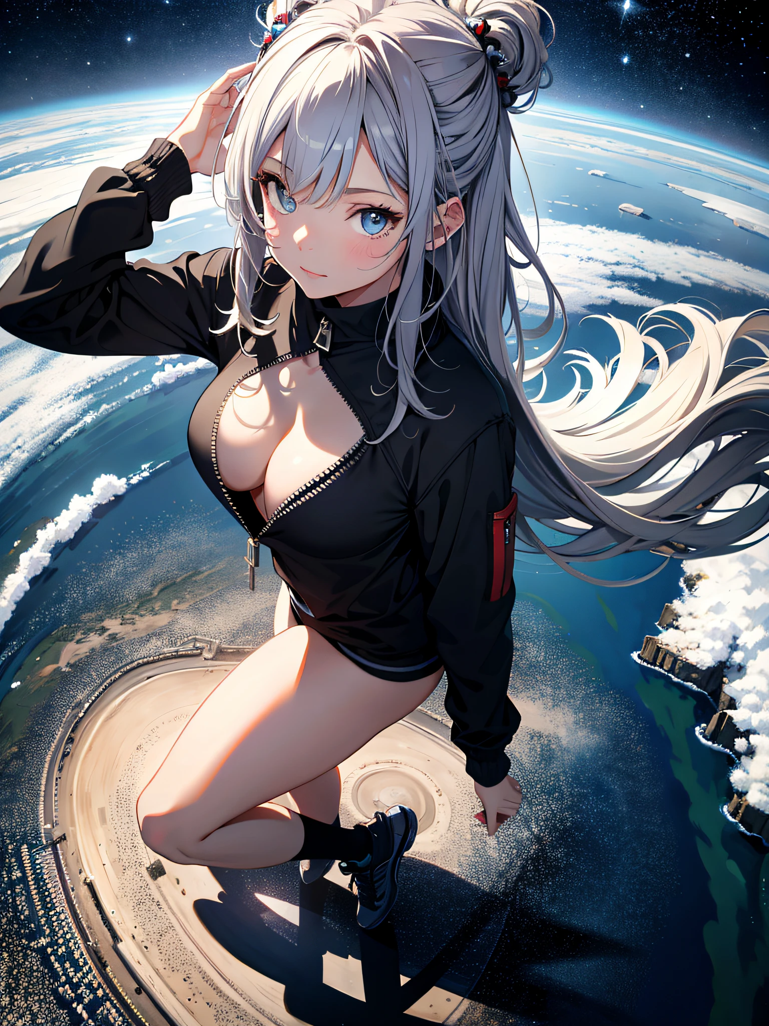 absurd res, high res, (masterpiece:1.4), ultra-detailed, 1girl, from above, space, floating