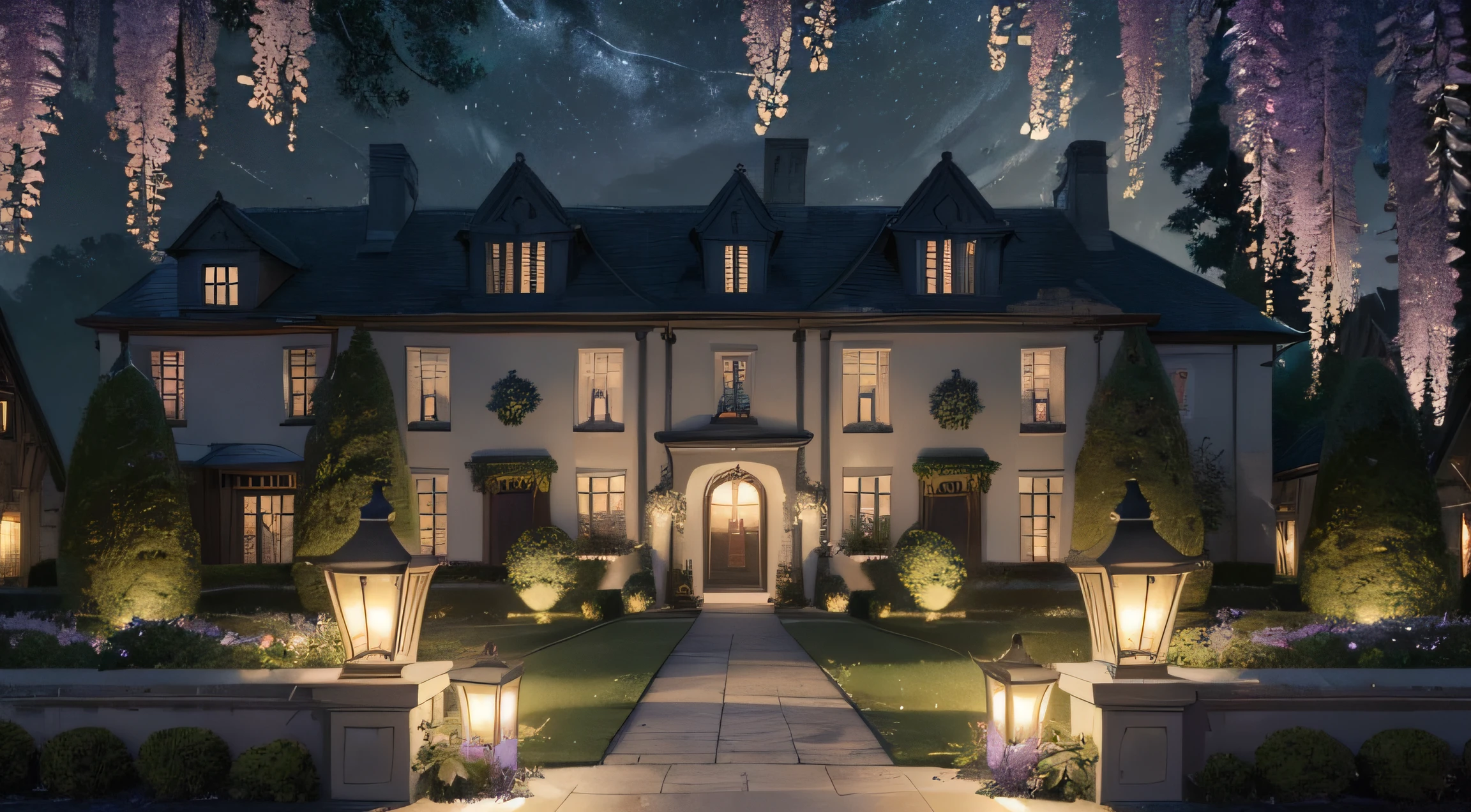 background, landscape, nighttime, night, victorian manor house, white walls, ivy and pink wisteria on the walls, large garden in the front, hedges, landscape, looking from far away, rich details, quiet and elegant atmosphere, pale green tones as the keynote, exquisite and soft painting style, cinematic lighting effects, HD picture quality, soft light, Tyndall effect, dreamy, rich details, 32k, high quality, high resolution, (very detailed CG unity 8k wallpaper), night, nighttime, dark, moon, stars, darkness, moonlight, dark, darkness,