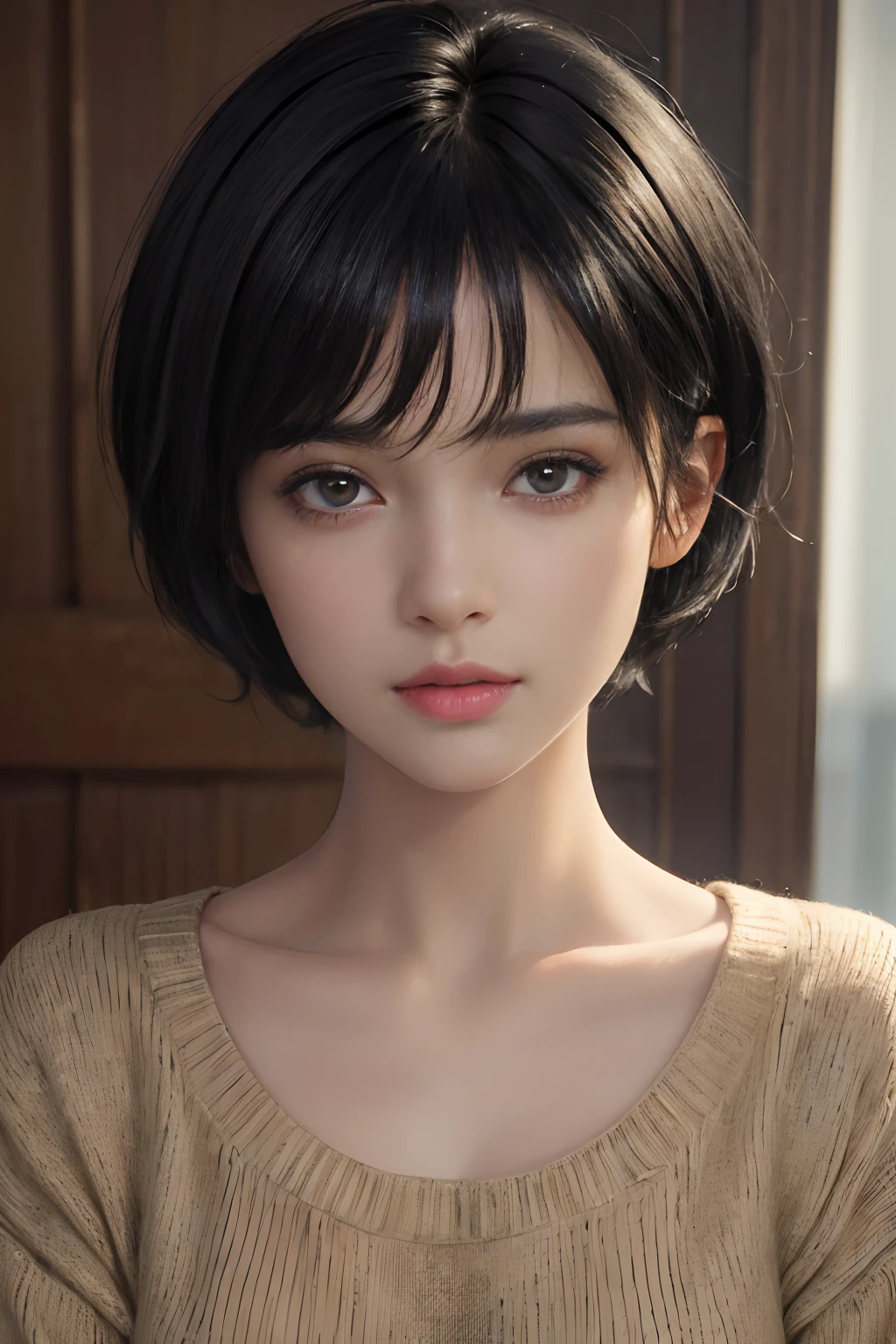 (masterpiece:1.3), (8k, photorealistic, RAW photo, best quality: 1.4), (1girl), beautiful face, (realistic face), (black hair, short hair:1.3), beautiful hairstyle, realistic eyes, beautiful detailed eyes, (realistic skin), beautiful skin, (sweater), absurdres, attractive, ultra high res, ultra realistic, highly detailed, golden ratio