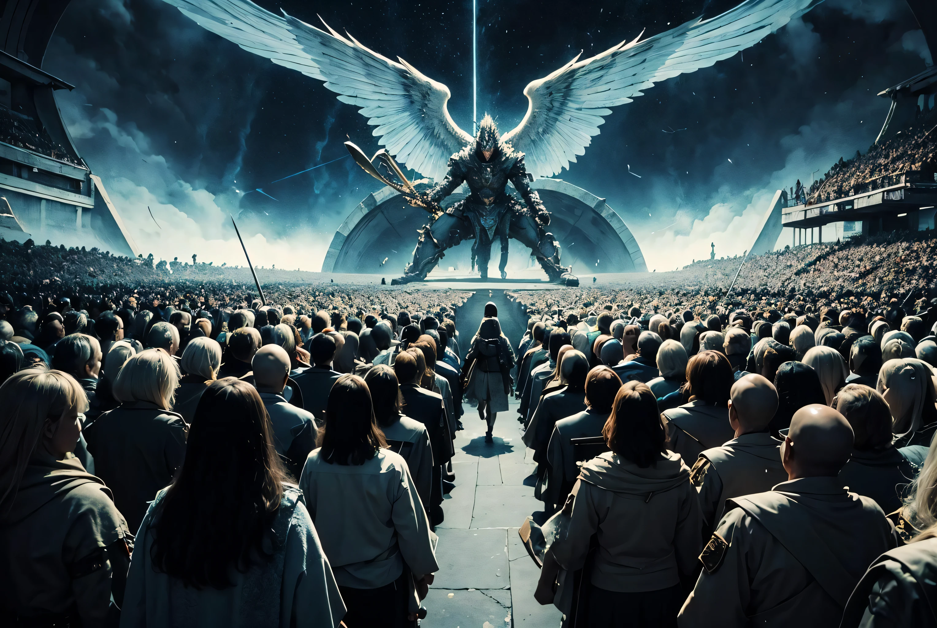 ((Best quality)), ((masterpiece)), ((realistic)), ((beautiful)), An army of a hundred female angels, clad in shining armor, descends from the heavens to confront a horde of monstrous creatures, their wings unfurled and swords raised high. The air crackles with divine energy as the angels clash with the beasts, unleashing a symphony of light and sound that illuminates the battlefield. The scene is both awe-inspiring and terrifying, as the fate of the world hangs in the balance..official art, unity 8k wallpaper, ultra detailed, beautiful and aesthetic, masterpiece, best quality, (zentangle, mandala, tangle, entangle), 1girl, extremely detailed, dynamic angle, cowboyshot, the most beautiful form of chaos, elegant, a brutalist designed, vivid colours, romanticism, by james jean, roby dwi antono, ross tran, francis bacon, michal mraz, adrian ghenie, petra cortright, gerhard richter, takato yamamoto, ashley wood, atmospheric, ??????? of musical notes, streaming musical notes visible