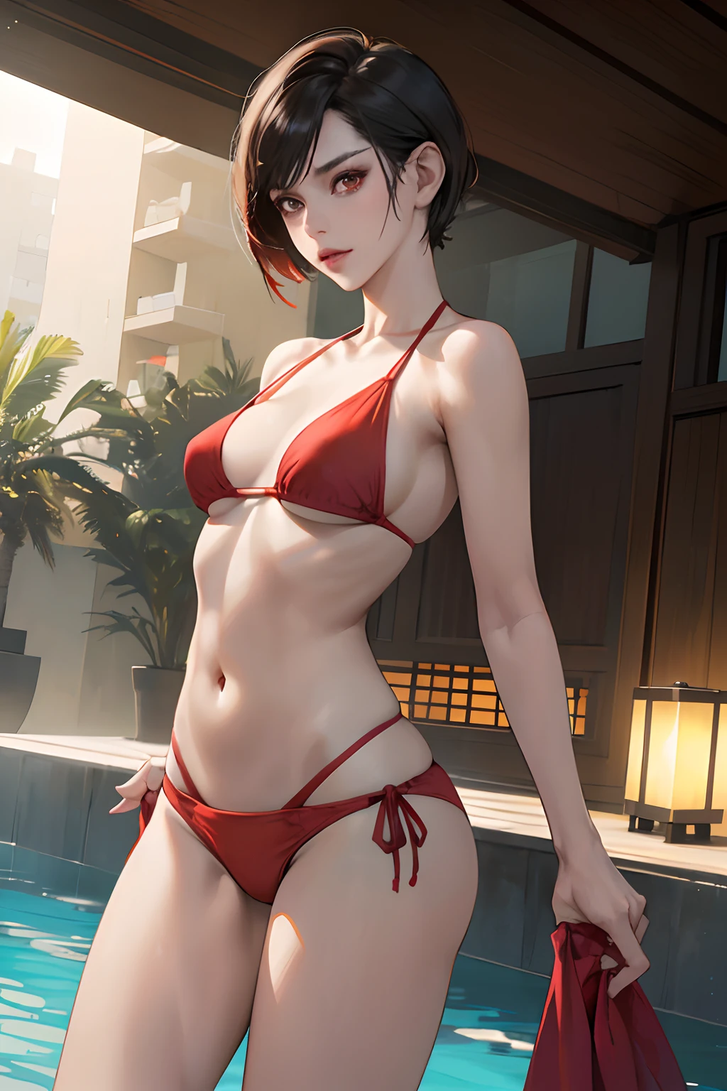 2 mujeres, obra maestra, mejor calidad, (resident evil \), (ada wong\), boobs, resident evil 3, bit.
Soleado, piscina, medio dia luz, ada wong, cuerpo completo, cuerpo perfecto, 180 libras vestido rojo vino, pierna abierta sexy bikini, small bikini, pierna derecha arriba, bikini amarillo