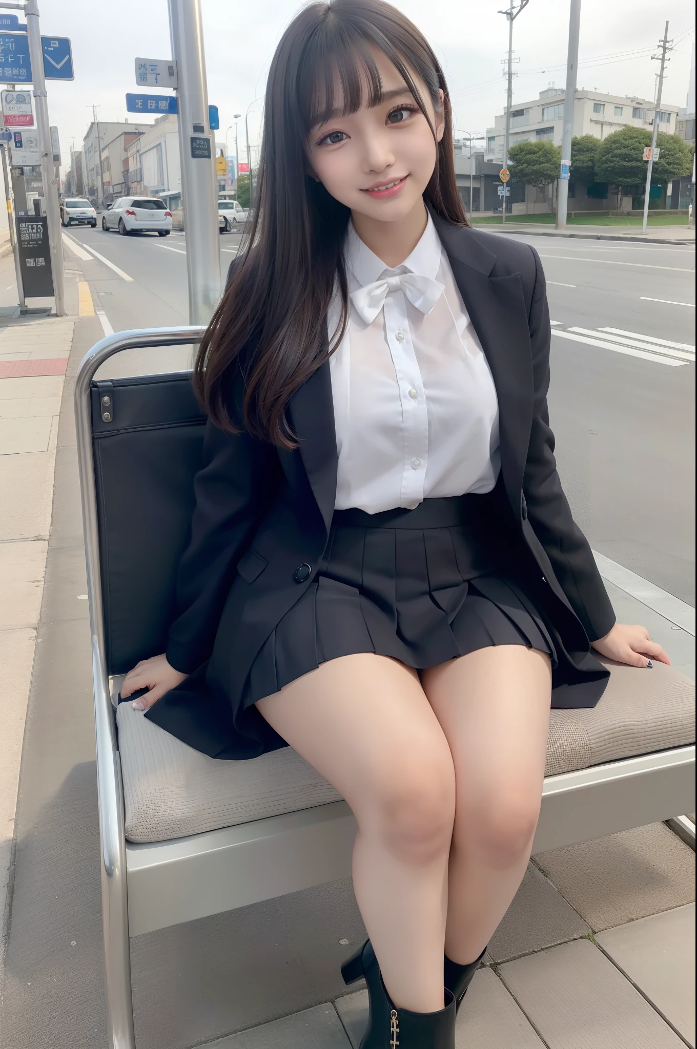 (realisitic、Photorealsitic:1.37)、(masterpiece)、(top-quality:1.4)、(超A high resolution:1.2)、(Raw photography:1.2)、(foco nítido:1.3)、(Face Focus:1.2)、elegent、(full body Esbian:1.2)、top-quality、masterpiece、(真实感:1.2)、girl with、brown haired、Brown-eyed、frontage、A detailed face、beautidful eyes、Pleated mini skirt uniform、Panties are slightly visible、Take a bold seat at the bus stop(1.5)、Biting smile、a lot of eyelashes、high-heels、 Very pretty