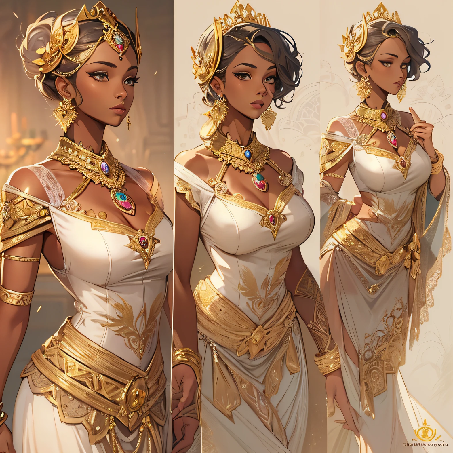 50-year-old indian female ifbb, extremely translucent shimmering dress, reflective gold shiny bra, glowing iridescent thong, white sheer arab pants, thick lips, mature allure, dark skinned