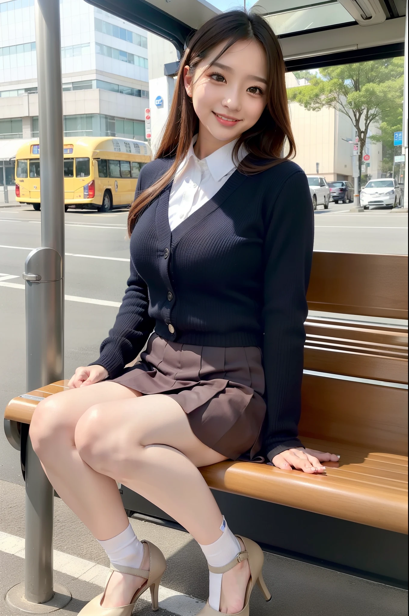 (realisitic、Photorealsitic:1.37)、(​masterpiece)、(top-quality:1.4)、(超A high resolution:1.2)、(Raw photography:1.2)、(foco nítido:1.3)、(Face Focus:1.2)、elegent、(full body Esbian:1.2)、top-quality、​masterpiece、(真实感:1.2)、girl with、brown haired、Brown-eyed、frontage、A detailed face、beautidful eyes、Pleated mini skirt uniform、Panties are slightly visible、Take a bold seat at the bus stop(1.5)、Biting smile、a lot of eyelashes、high-heels、 Very pretty