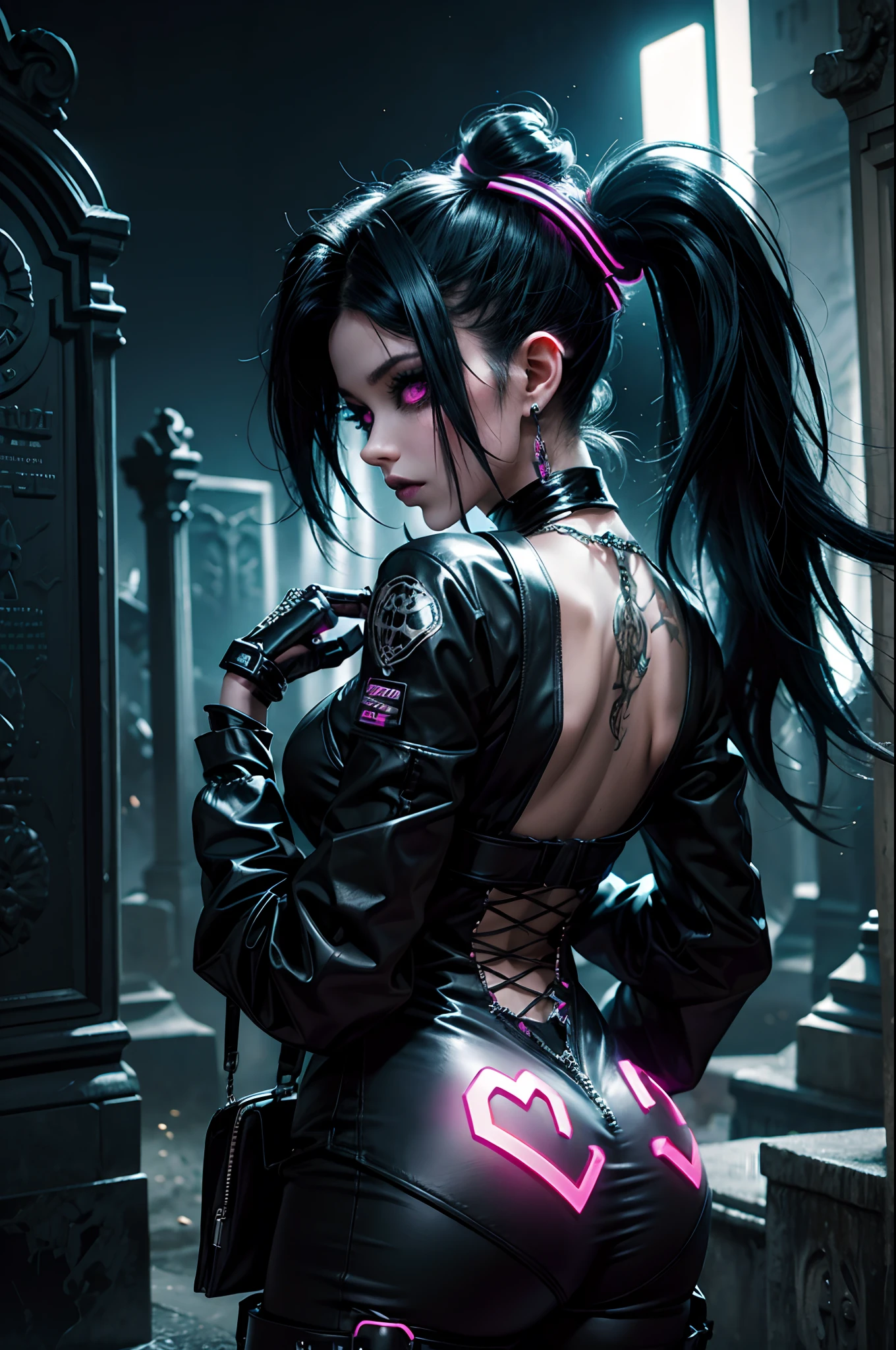 (cybergoth lollita) super skinny, garota linda, cute and gothic in a cemetery, usando roupas de couro com neon. very sexy and provocative back looking back, cybergoth lollita, night, midnight, only neon lights