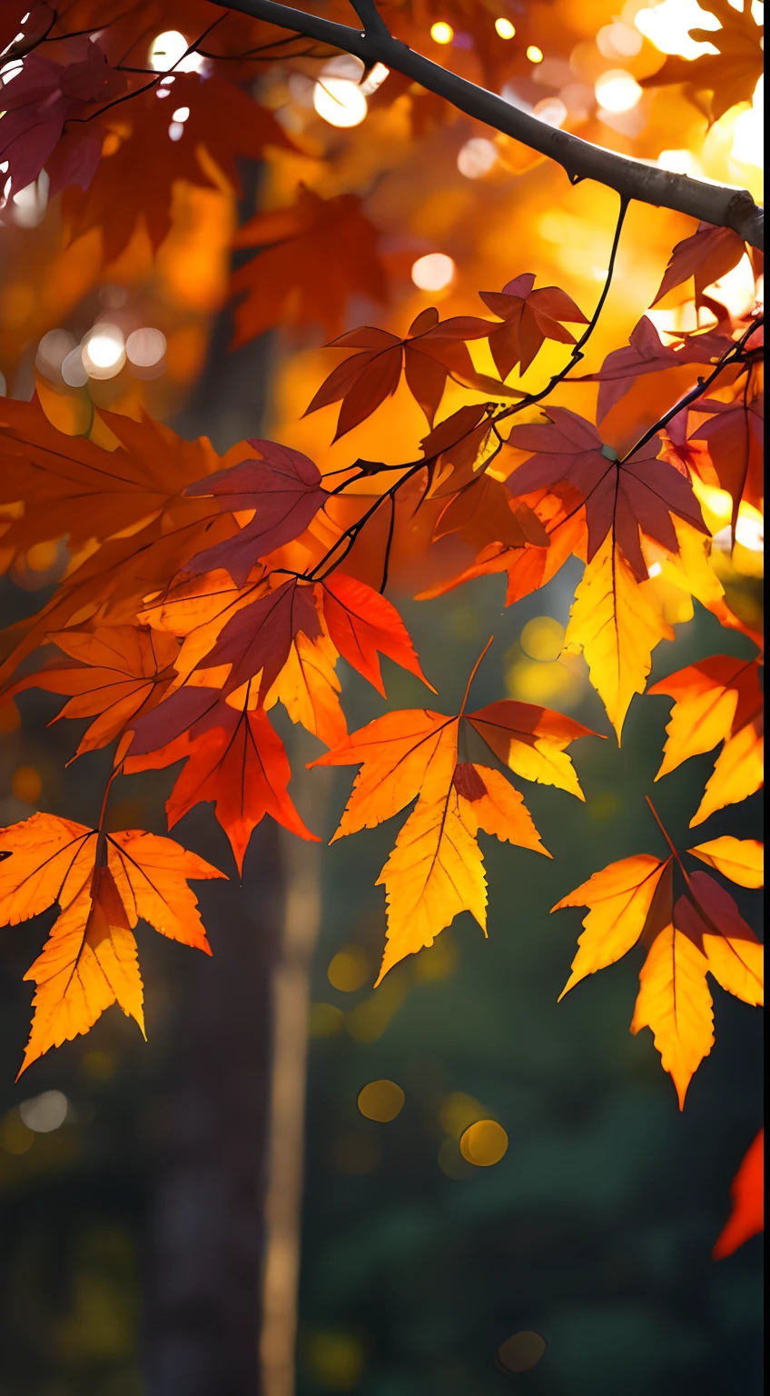 Autumn evening,Branches in the sun,Hang sunlight on the leaves,photorealestic,natural soft light,hyper-detailing,4k