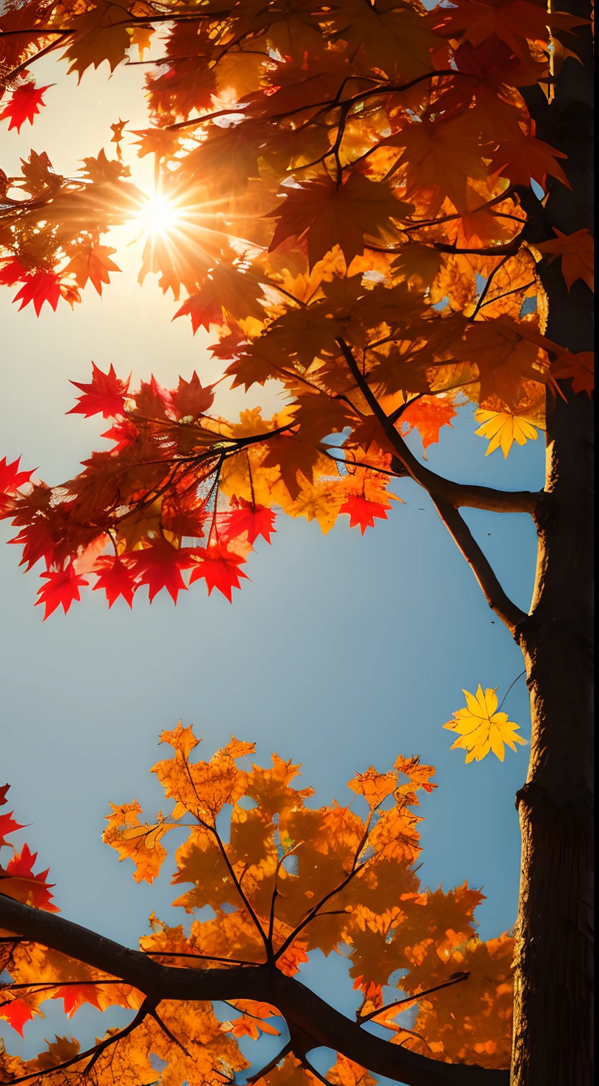 Autumn evening,Branches in the sun,Hang sunlight on the leaves,photorealestic,natural soft light,hyper-detailing,4k