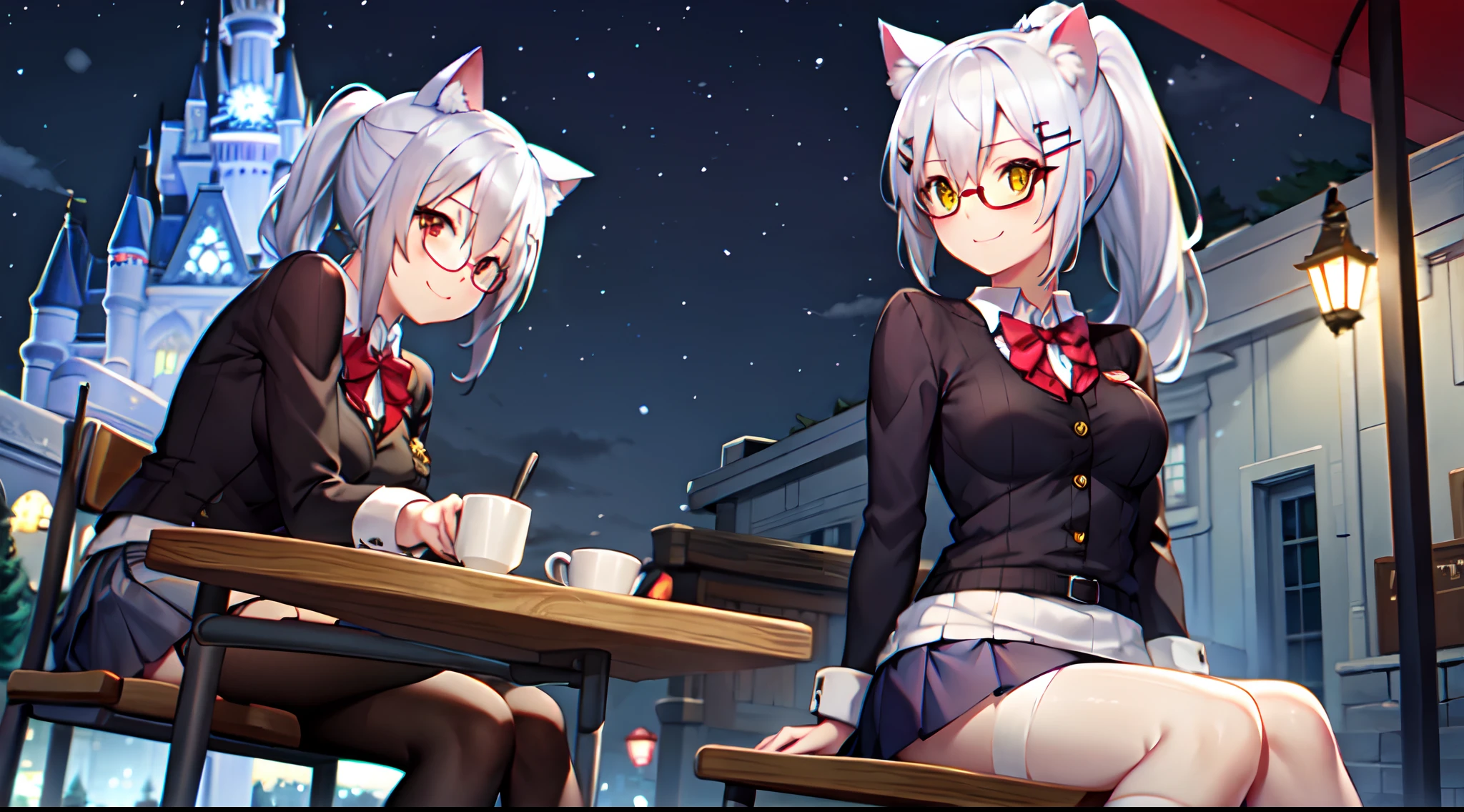 girls, white hair, yellow eye, cat ear, glasses, short skirt, school outfit, medium breast, stocking, ponytail hair style, night theme, park theme, sit on the chair, winter, medium thigh, kuudere