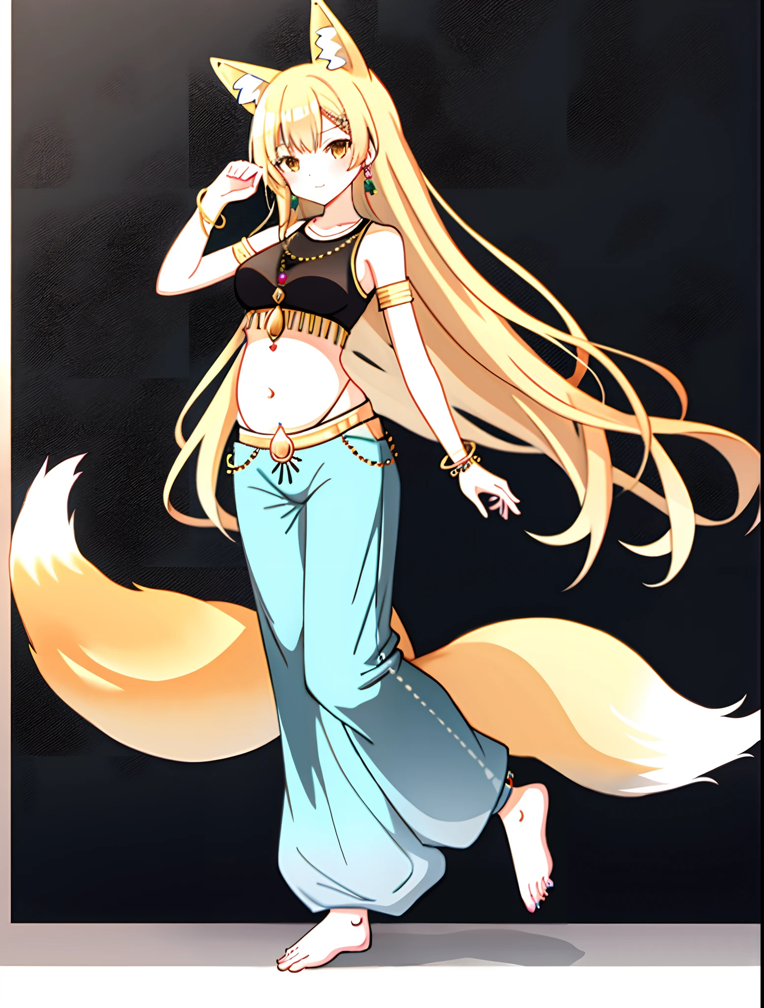 ((fox girl)), ((full body)), ((standing pose)), ((belly dance top)), ((jewelry)), ((very long and baggy belly dance harem pants)), ((bare feet)), ((fully detailed))