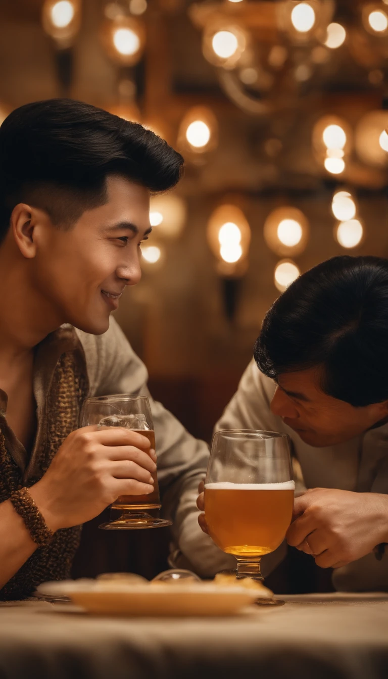 An Asian man in his 30s is drinking ice and beer in a beer glass. Ice is seen in the beer glass, and the man is smiling.