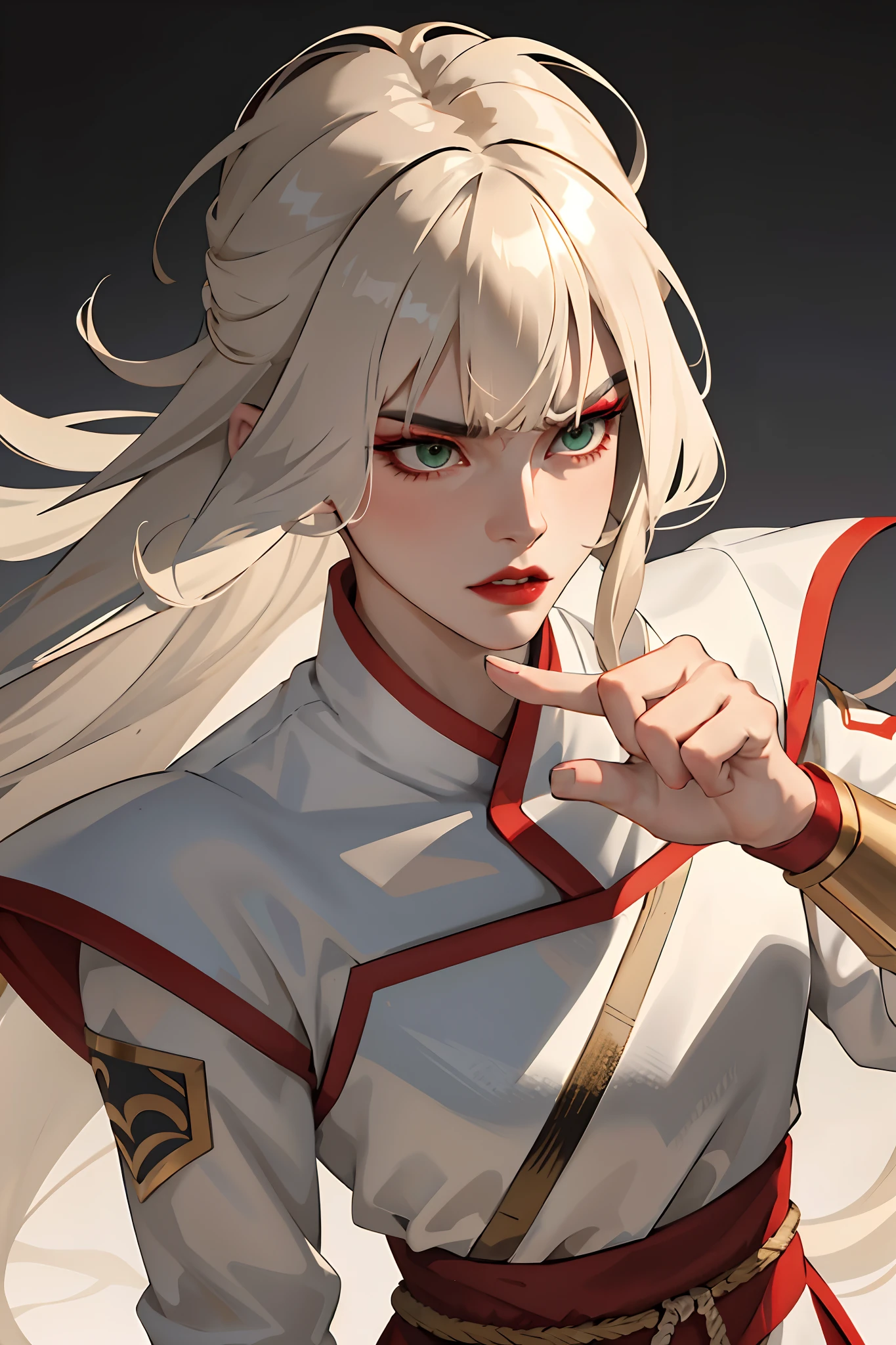 (masterpiece:1.2, best quality), (real picture, intricate details), 1lady, solo, upper body, fighting, fight pose, long hair, heavy makeup, white face, red lipstick, red eyeshadow, natural fabrics, close-up face, angry, angry expression, warrior, female warrior, armour, really long light platinum blonde hair, platinum blonde voluminous hair, cute bangs, hair bangs, bangs between eyes, soft bangs on forehead, green eyes, mature face, 1female, 1woman, 1beautiful girl, Kyoshi uniform, Kyoshi makeup, Kyoshi Warrior (Avatar the Last Airbender), (fighting), (fight pose)