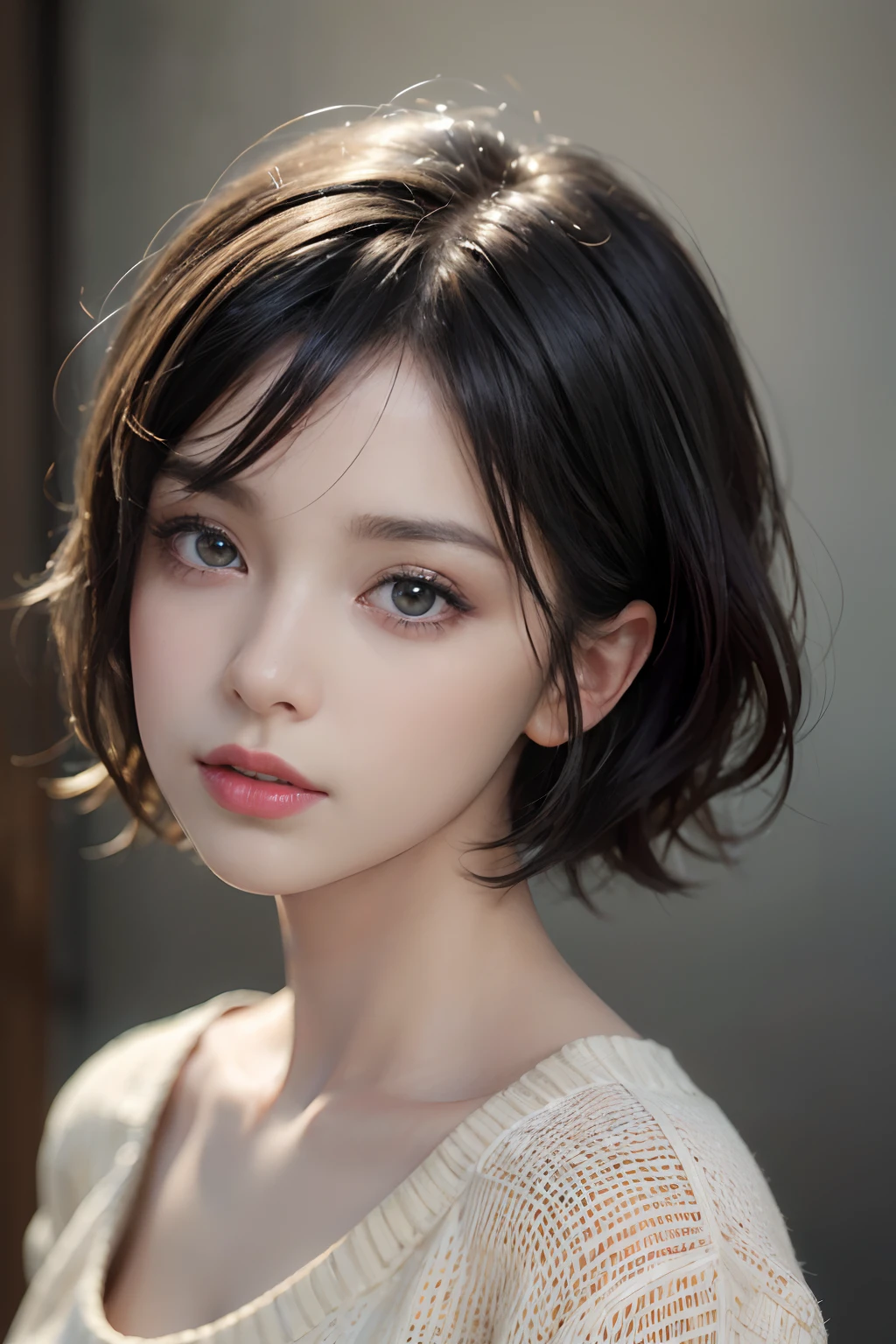 (masterpiece:1.3), (8k, photorealistic, RAW photo, best quality: 1.4), (1girl), beautiful face, (realistic face), (black hair, short hair:1.3), beautiful hairstyle, realistic eyes, beautiful detailed eyes, (realistic skin), beautiful skin, (sweater), absurdres, attractive, ultra high res, ultra realistic, highly detailed, golden ratio