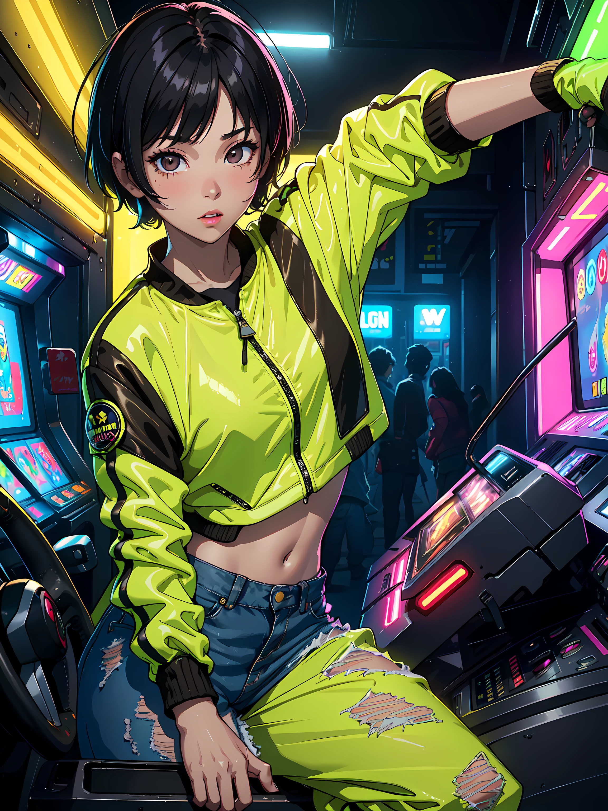 One women, arcade games environment, 8k resolution, night 12 am, neon colors, ((highlighter yellow jacket with patches)), 90s, shadows, reflections, Korea, IPhone on hand, wide open road, turning around, black hair, short hair, brown eyes, rosy blush under the eyes, medium size lips, detailed face, detailed hands, brown eyes.
