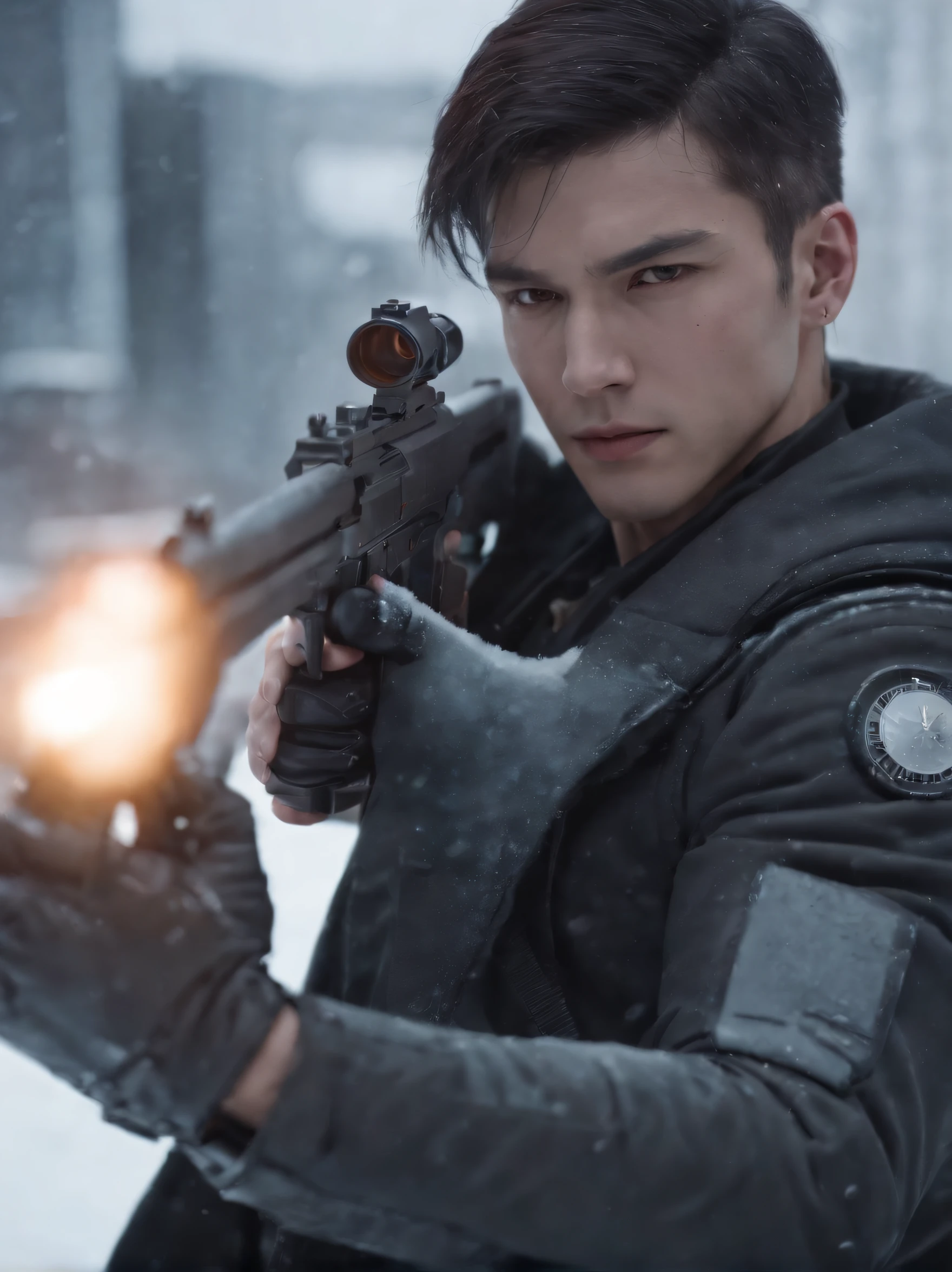 Close-up of a man holding a gun in the snow, Trigon, anime big breast《cyber punk perssonage》, Anime art style trigger, The style of an animated film "red line", Tetsuo of Akira, screenshot from a 2012s anime, akira anime, Crisp high-quality anime, anime bullet vfx, best anime character design, Anime cyberpunk moderno, modern sci-fi anime