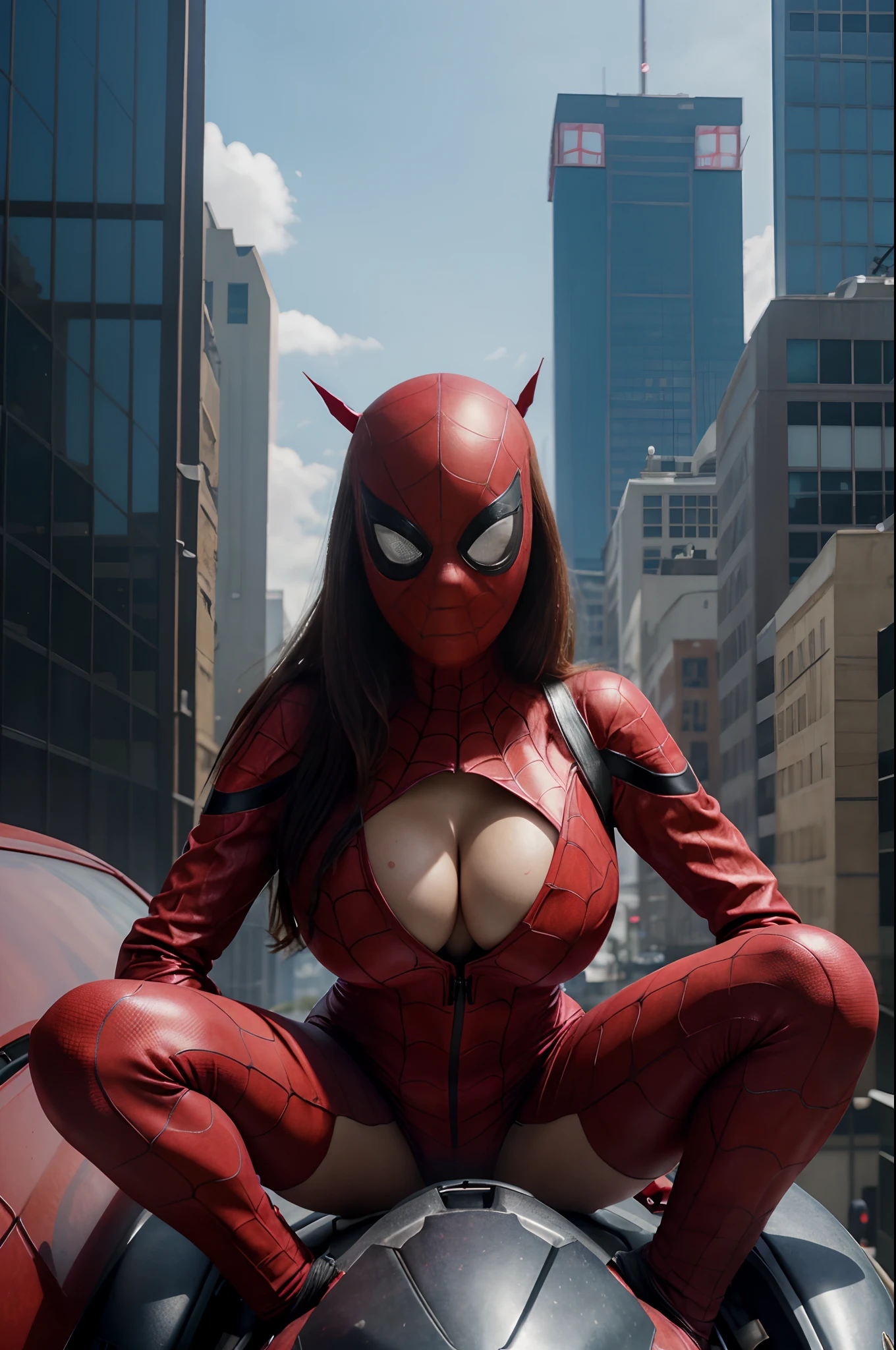 ((((American redhead female goddess, detailed face, perfect light blue eyes, eroic expression, hot woman, she wears an open wolf leather jacket showing her huge breasts, giant long breasts on display, pink pointy breasts, based on the films from Marvel Studios, Spider-Man costume, Ant-Man, wearing an open wolf leather jacket)))), Erotic (1girl: 1.3), alone, (She wears Spider-Man's red mask, covers her mouth and nose) , perfect sexy nude body parts, Official Art, 8k unified wallpaper, super detailed, beautiful and aesthetic, beautiful, masterpiece, best quality, Ultra realistic, masterpiece, super fine photo, best quality, super high resolution , Photorealistic realism, sunlight, full body portrait, incredible beauty, dynamic pose, delicate face, vibrant eyes, She is wearing a sexy Spider-Man or Ant-man outfit red and black color scheme, PERFECT huge breasts, background marked, on top of the tallest building crouched, harangued detailed and busy complex background, messy, beautiful, milky, highly detailed skin, realistic skin details, visible pores, sharp focus, volumetric fog, 8k UHD, DSLR camera, high quality, film grain, light skin, photo realism, (cinematic), large metropolis in a future dystopia, chimney in the background releases black smoke, display of Marvel Spider-Man's detailed and torn clothing, the girl's erotic body and her hot parts, fantasy stuffed in wet pussy, Epic scene, Spider-Woman sitting on the motorcycle, car rubbing her pussy on the motorcycle in the car, epic pose, (pink and pointy breasts sticking out of her clothes), ((((Pornography, nude))) , details perfect without errors, Erotic, (cleavage, showing, big breasts, Huge breasts, coming out of torn clothes)