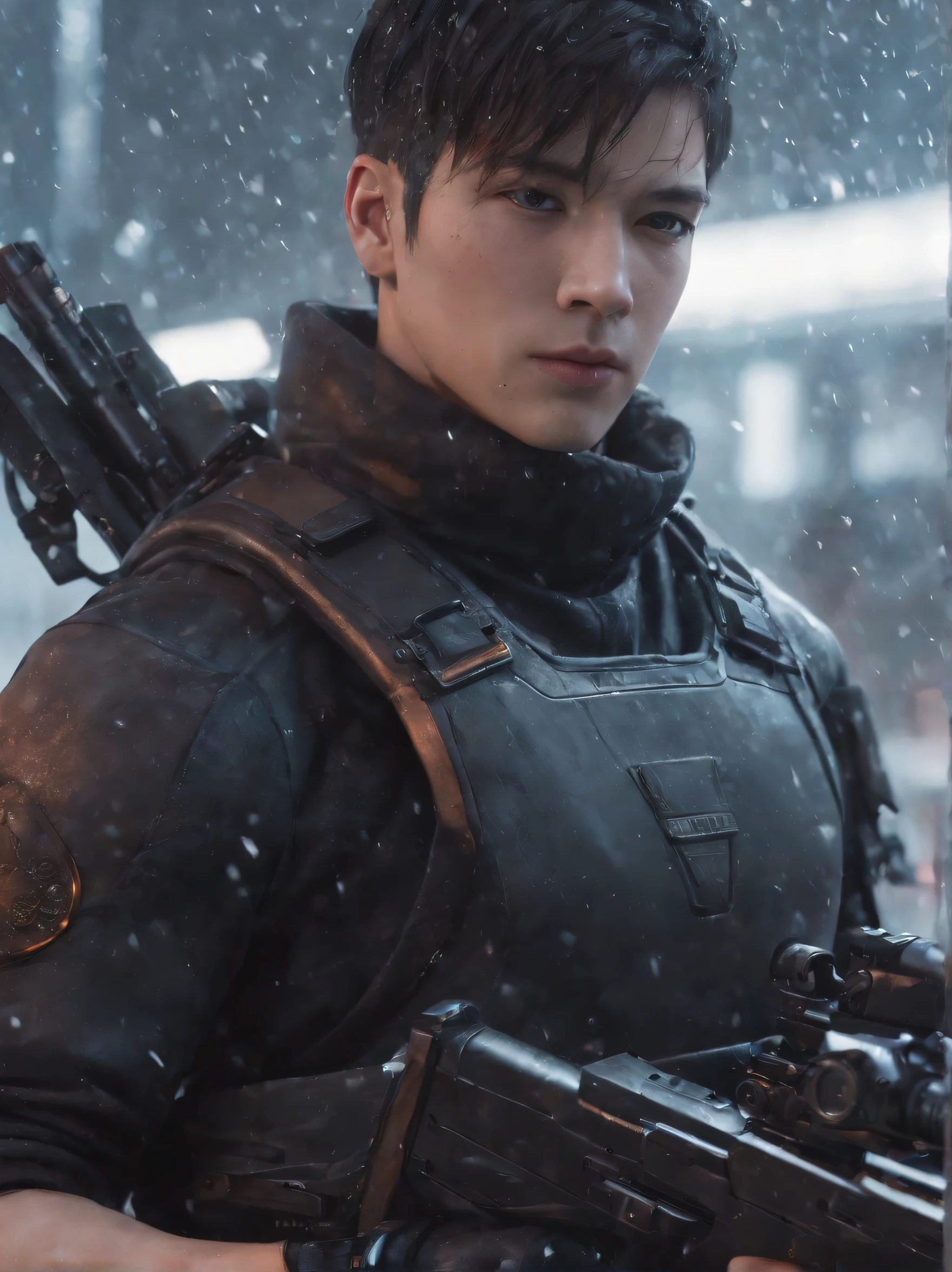 Close-up of a man holding a gun in the snow, Trigon, anime big breast《cyber punk perssonage》, Anime art style trigger, The style of an animated film "red line", Tetsuo of Akira, screenshot from a 2012s anime, akira anime, Crisp high-quality anime, anime bullet vfx, best anime character design, Anime cyberpunk moderno, modern sci-fi anime