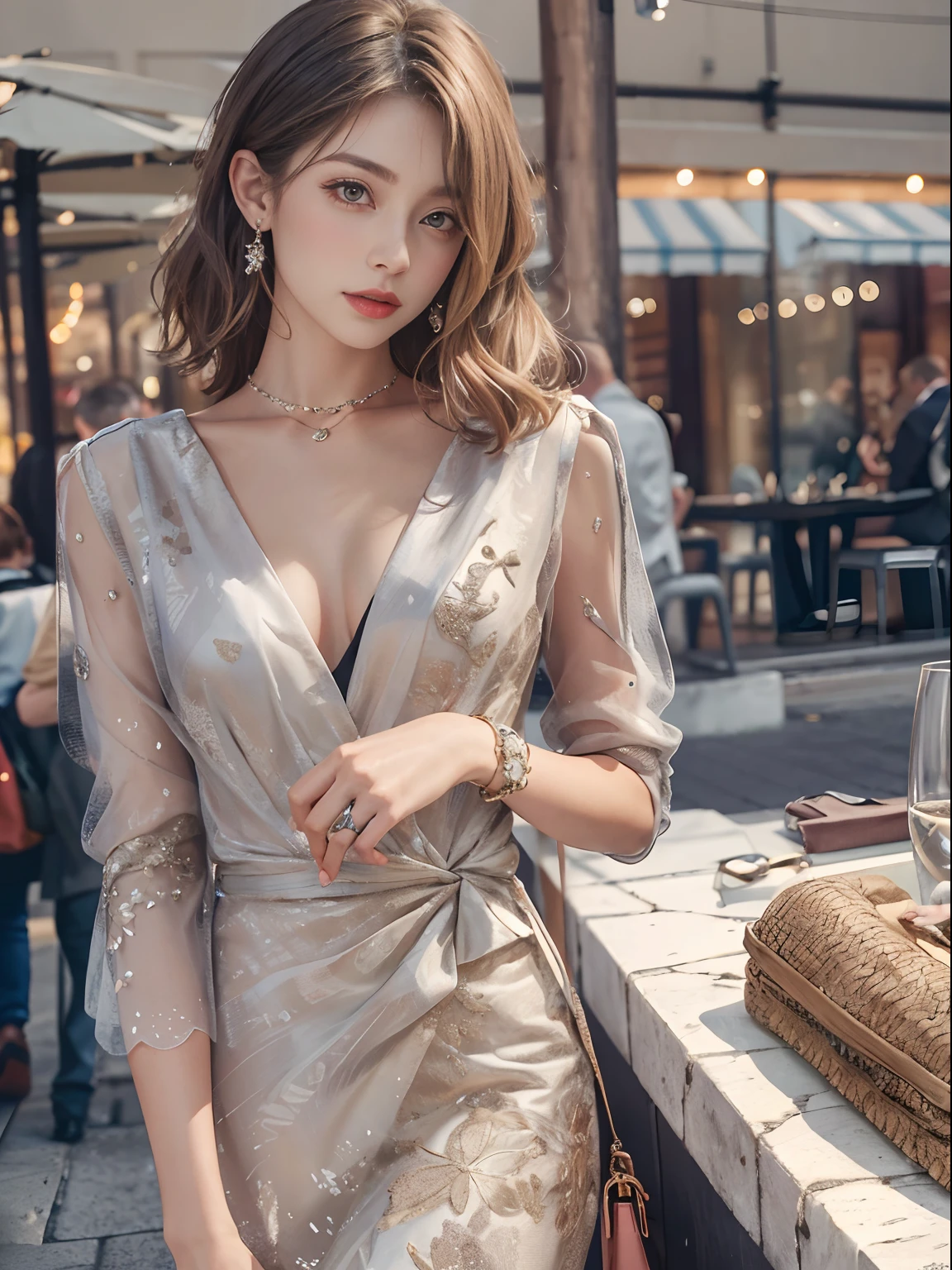 (masterpiece:1.2, best quality), 1lady, solo, upper body
Elegant and timeless dress with high-quality tailoring
makeup
Fashionable city street or an upscale restaurant
Classic handbag and jewelry
sleek bob