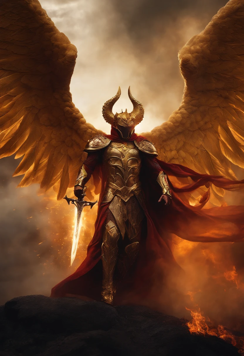 Ultra-realistic devil: A golden angel with wings spread with a fiery sword in his hand, flying over a gloomy battlefield, dark smoke setting