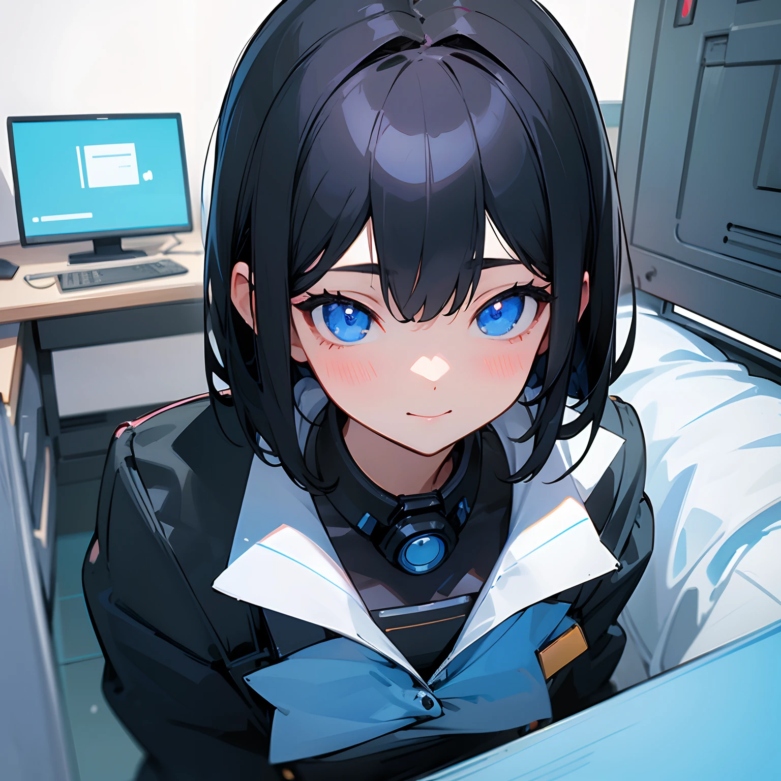 Beautiful illustration、top-quality、girl with、Black hair、shorth hair、A slight smil、(((Delicat eyes)))、blue eyess、Control your computer、officeworker、s Office
